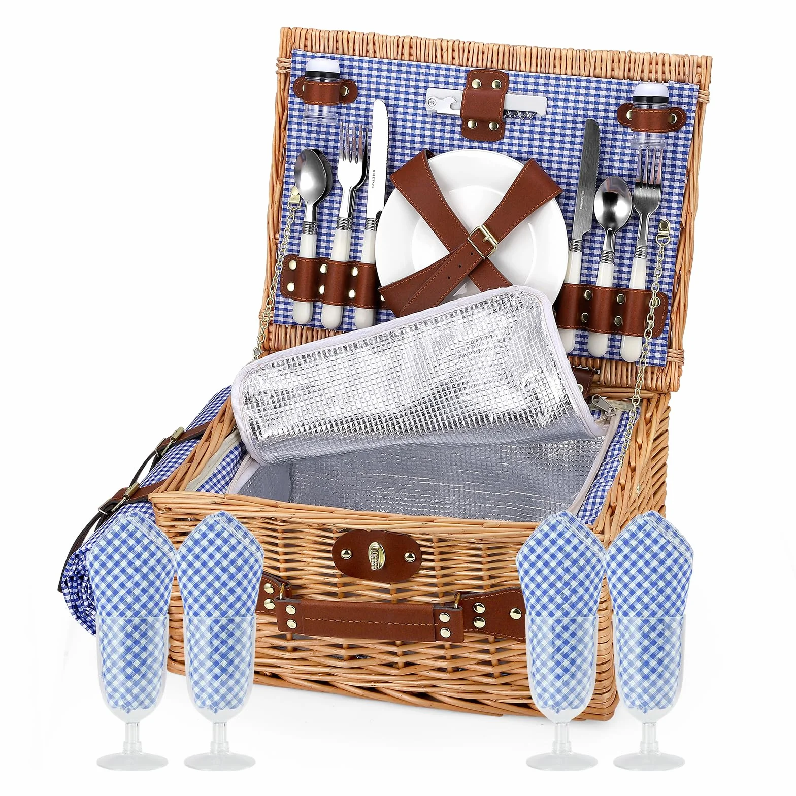 Cesto da Picnic in Vimini per 2 Persone con Scomparto Termico, Blu