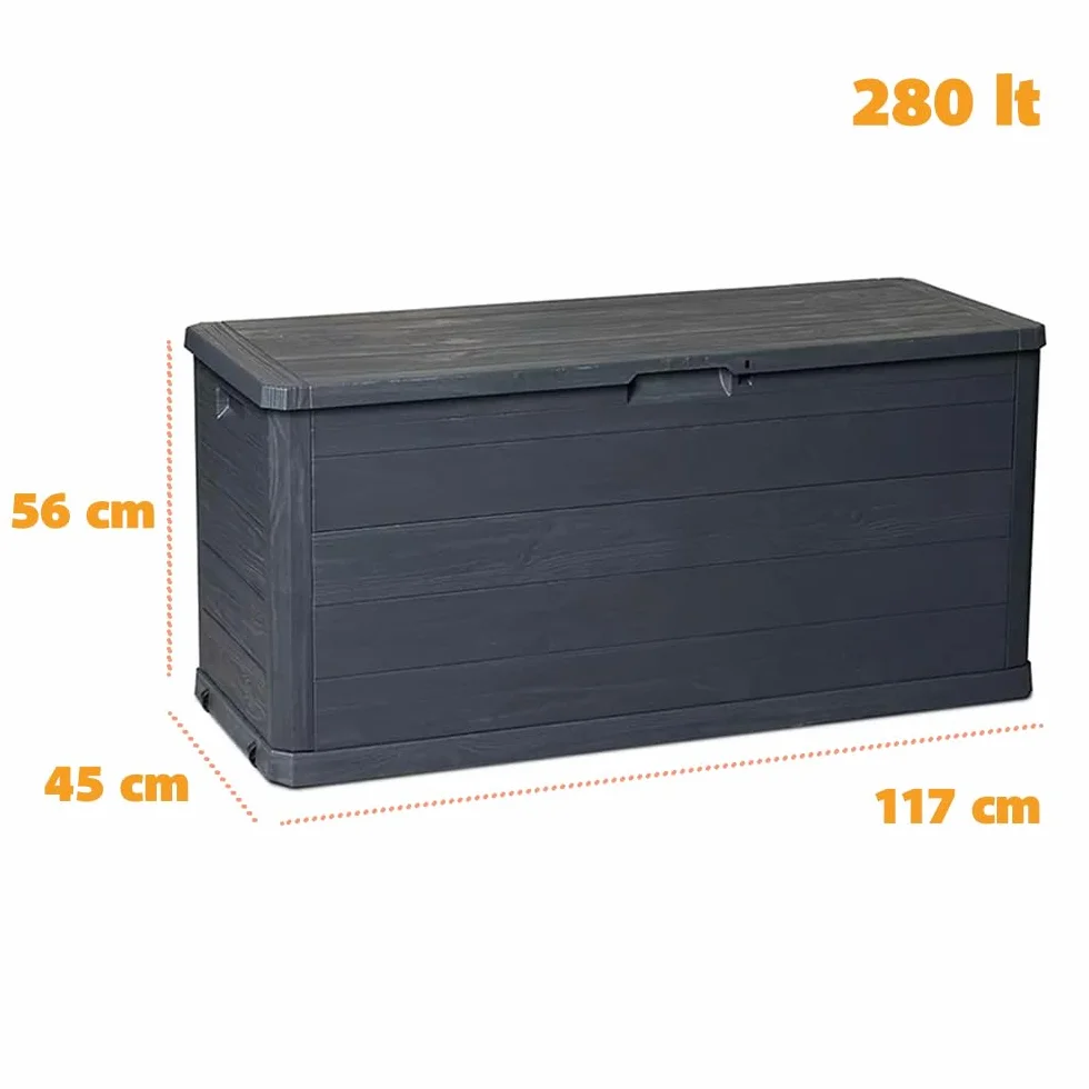 Baule Cassapanca 280 Litri Effetto Legno Contenitore Stoccaggio in Resina Antracite Dimensioni 117x45x56h cm da Esterno Resistente ai Raggi Uv -