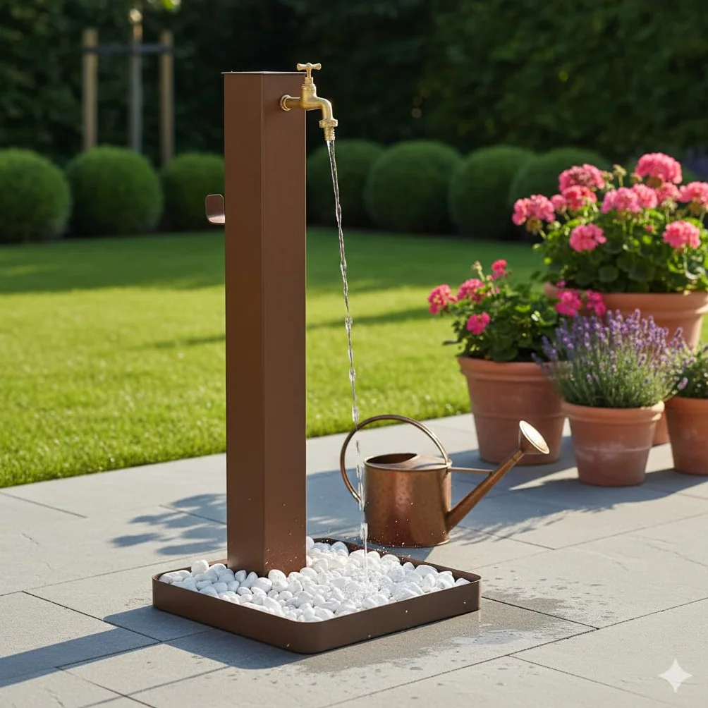 Fontana da Giardino Design a Colonna Quadrata Rubinetto in Ottone e Base con Ciottoli Corten