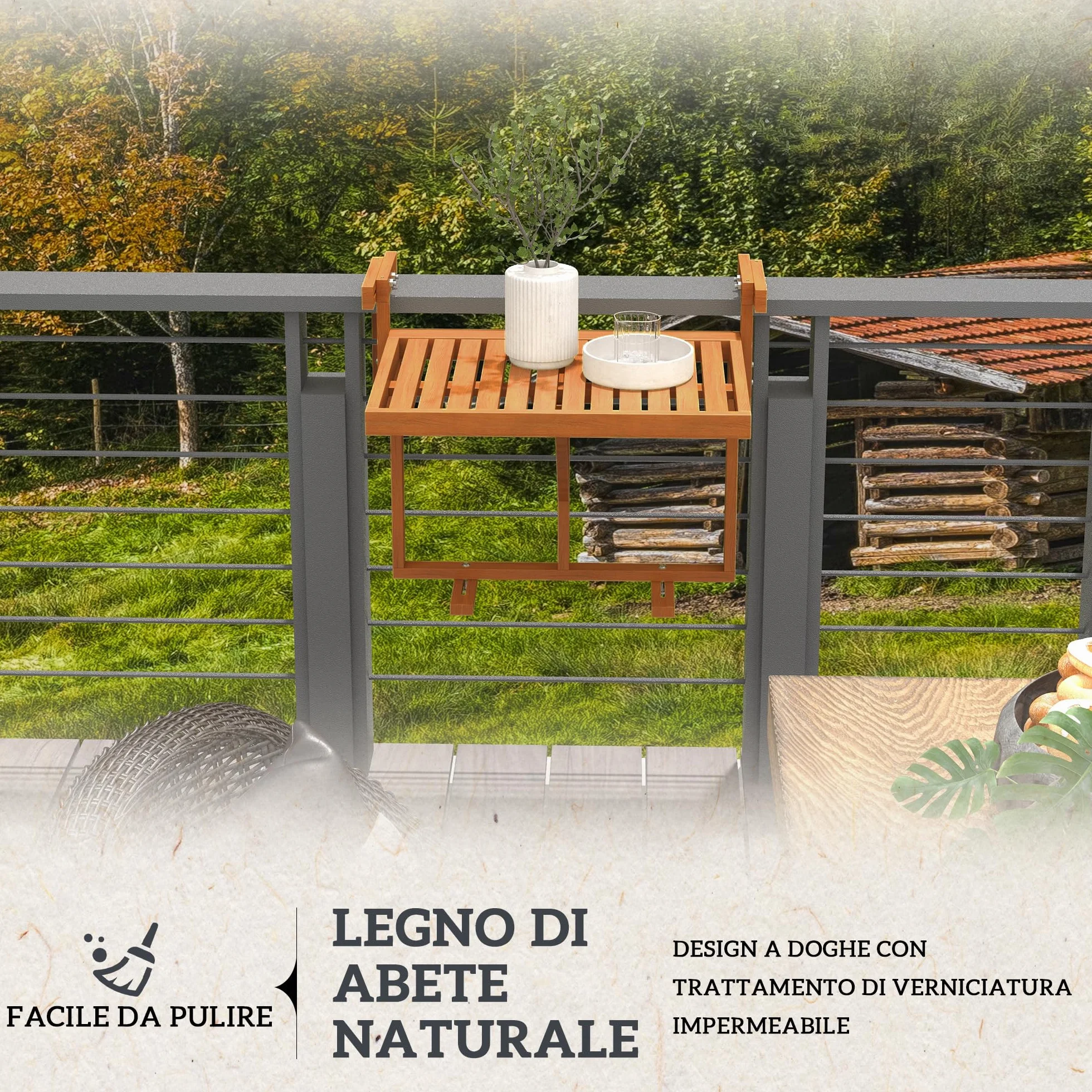 Outsunny Tavolino da Balcone Pieghevole Regolabile in Altezza 40.5-55cm, Legno di Pino, Teak