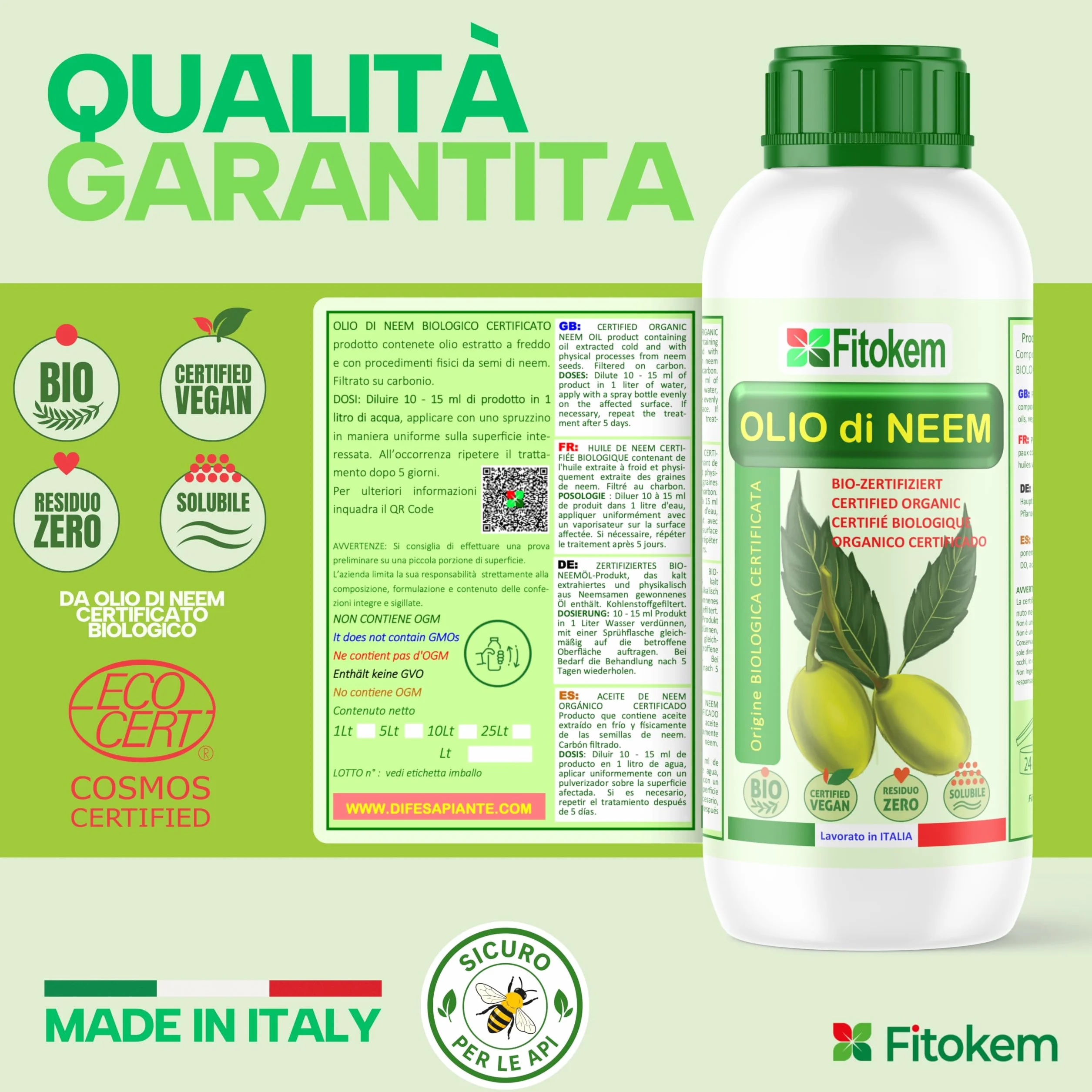 Fitokem Sapone Molle di Potassio 1lt e Olio di Neem 1lt Kit Protezione Piante Corroborante Naturale per Orto e Giardino contro Afidi e Cocciniglia Residuo Zero Made in Italy