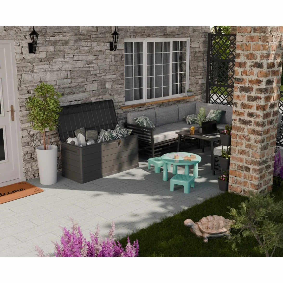 Art Plast - Baule di Stoccaggio Esterno 350L - Baule da Giardino Grigio 118,5x52x57cm - Maniglie di Trasporto - Resistente all'Acqua