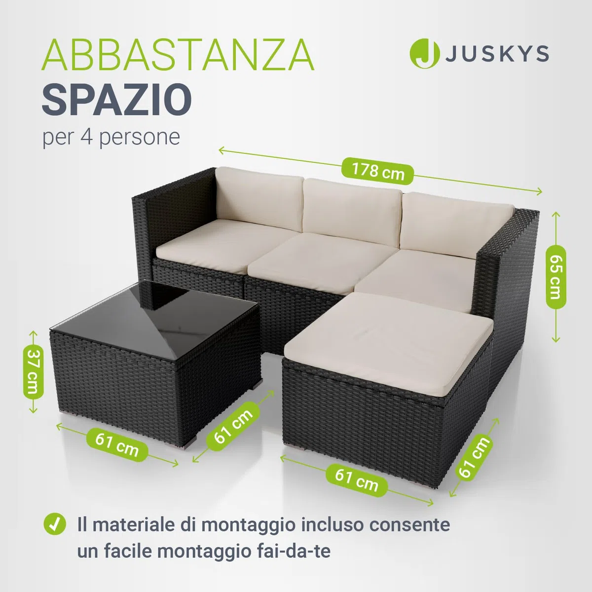 Juskys Lounge in polyrattan Punta Cana M resistente alle intemperie con divano 3 posti, sgabello, tavolo e cuscini per 3-4 persone - lounge da giardino Set di mobili da giardino nero/crema