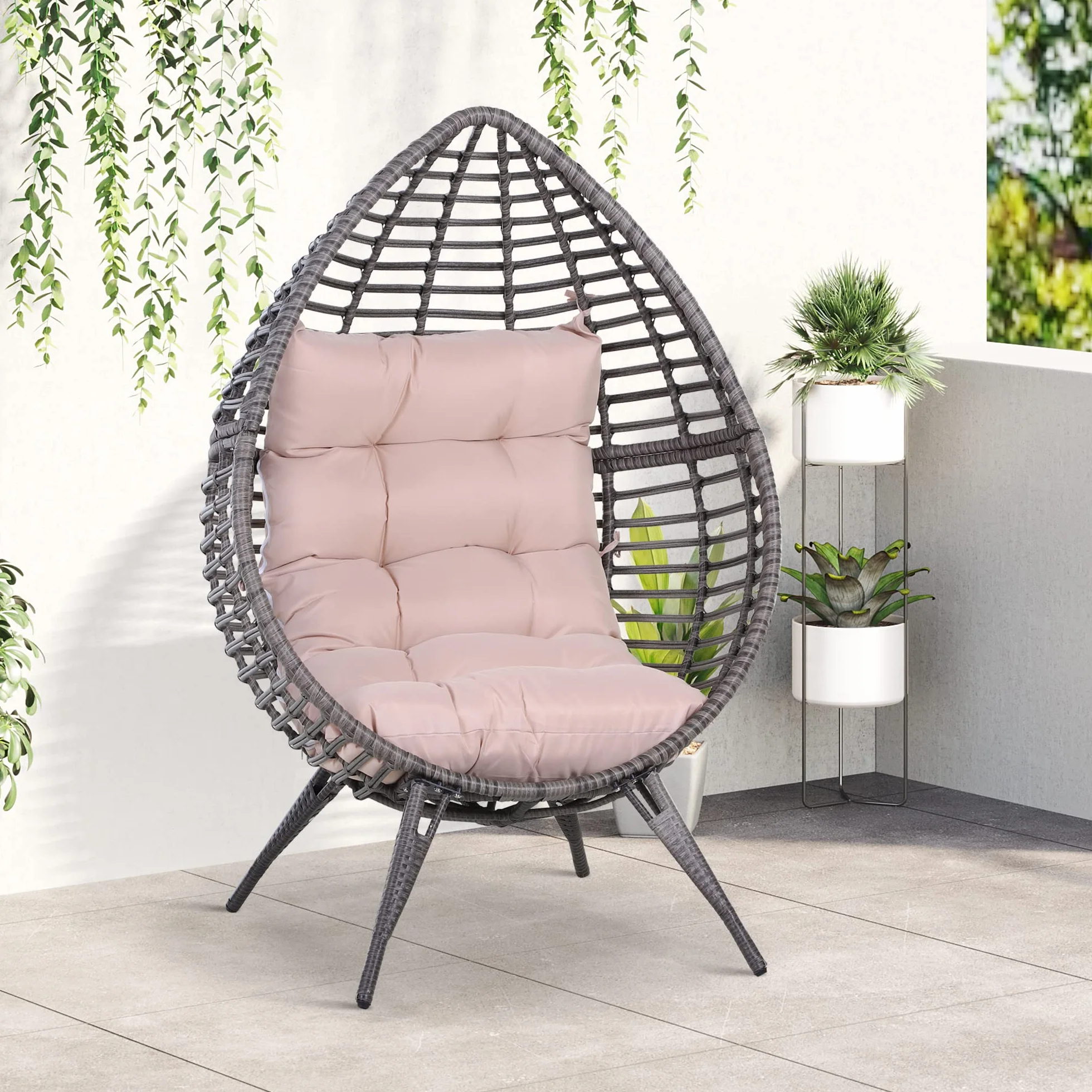 Outsunny Poltrona da Esterno in Rattan con Cuscino Grigio e Beige Forma a Goccia Stile Boho Chic 101x89x156cm