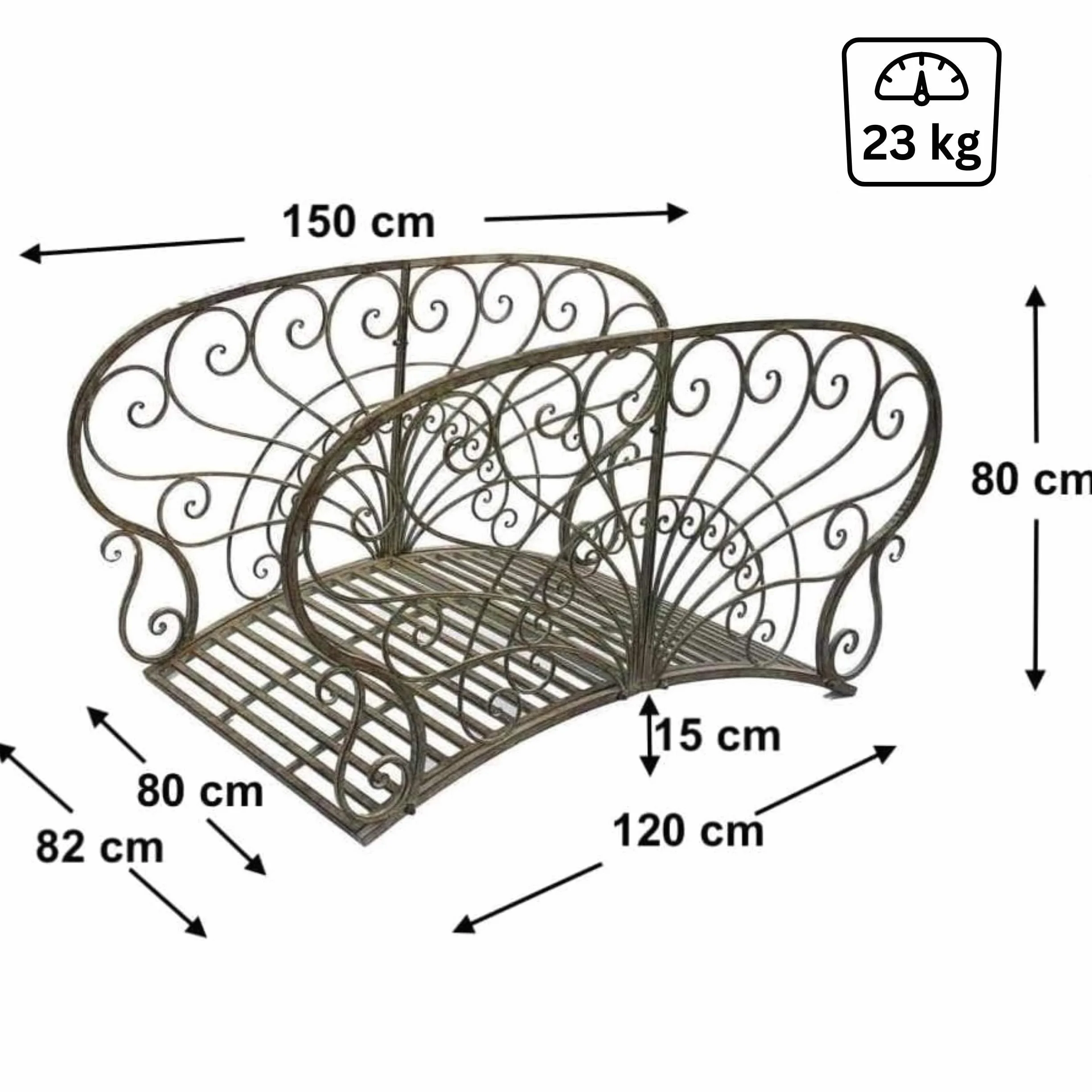 DanDiBo Ponte da giardino in metallo con ringhiera, 150 cm, antico 150106, ponte da giardino, ponte in metallo, per mobili da giardino
