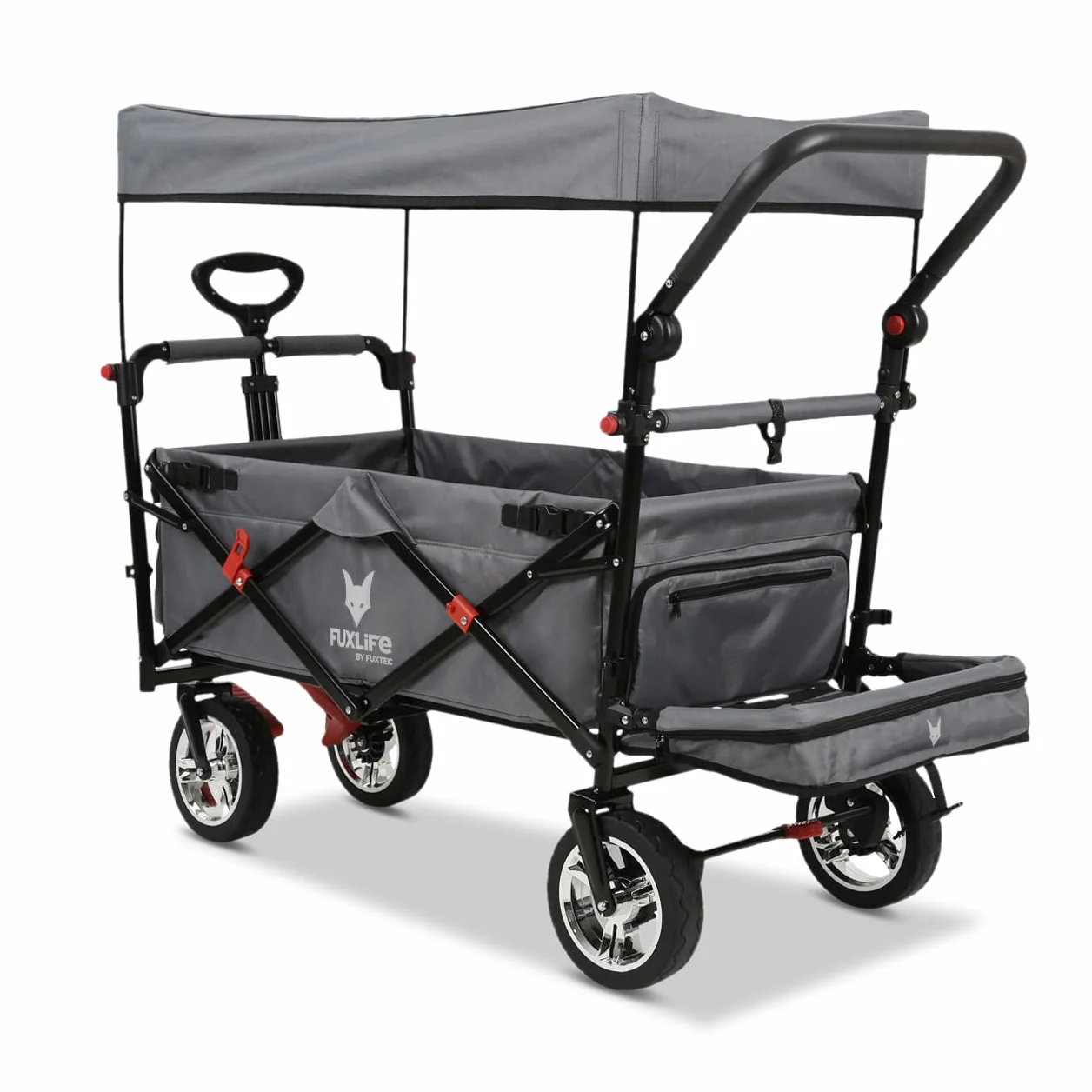 FUXLIFE Carrello Pieghevole FX-CT800 Grigio • Bollerwagen richiudibile con spazio extra per le gambe • Tettuccio parasole e ruote larghe • Volume 105 L e portata 75 kg