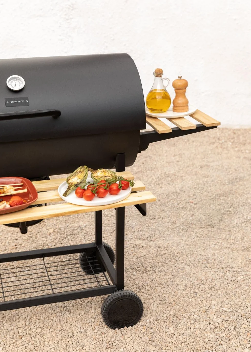 Barbecue affumicatore a carbone con ruote in acciaio inox nero griglia superiore controllo temperatura