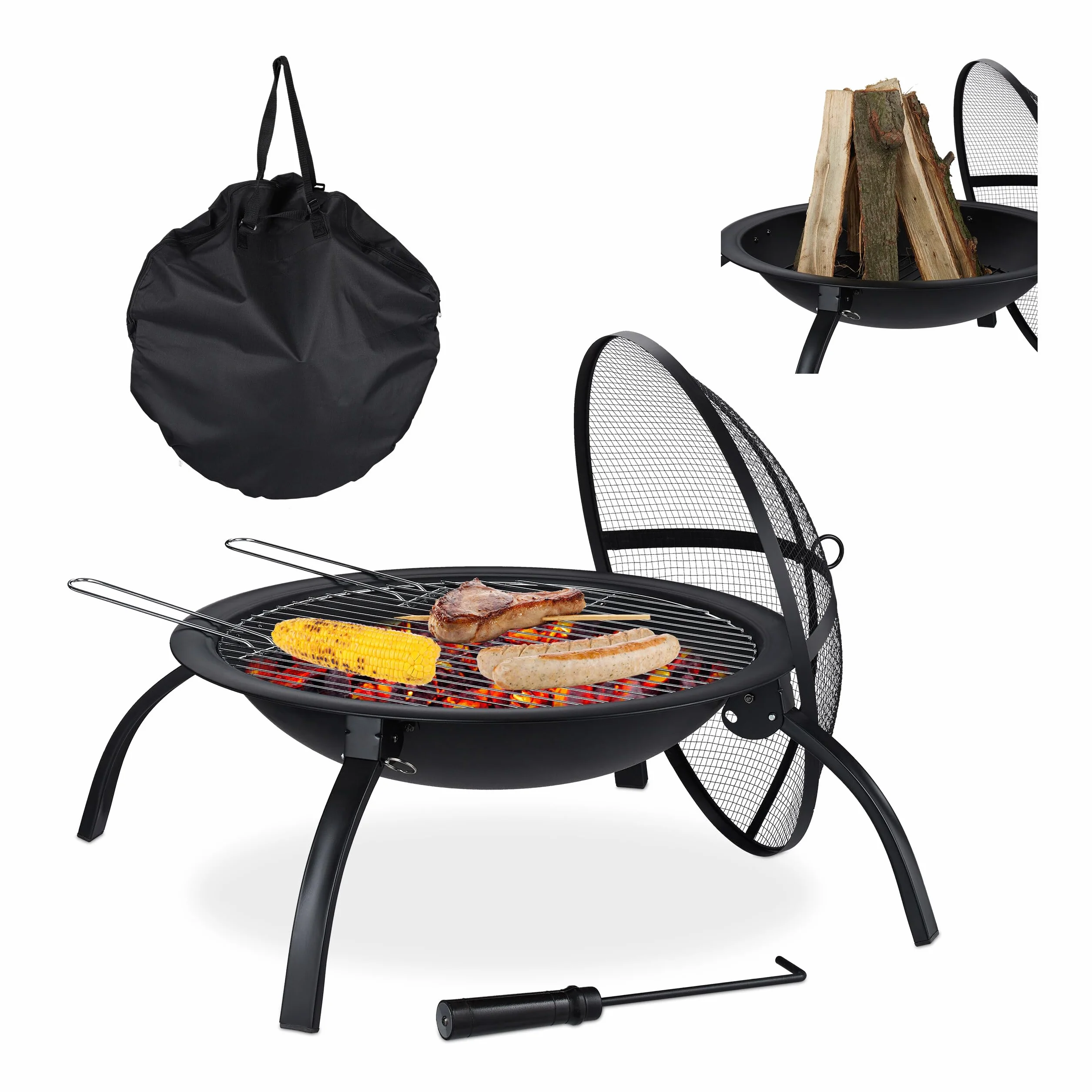 Relaxdays Braciere XL z Graticola, Coperchio Parascintille, ∅56,5 cm, Czarny