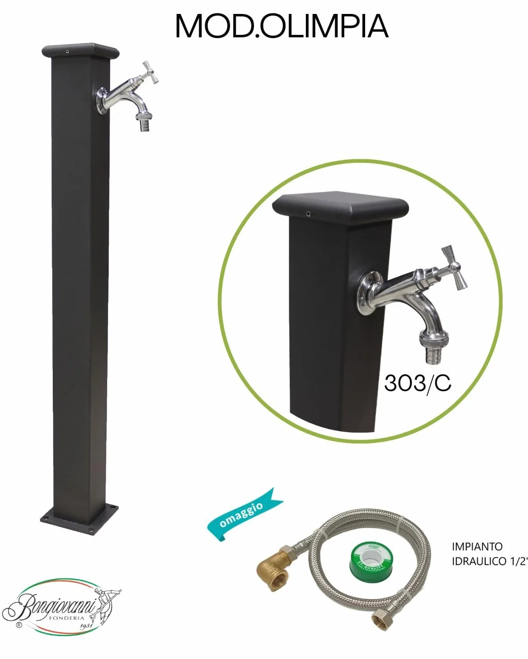 FONDERIA BONGIOVANNI | Fontana a Colonna | Modello Olimpia | per Casa Giardino | con Impianto Idrico | con Rubinetto Ottone Cromato | Fontana Colonna da Giardino Esterno | Fontana da giardino esterno
