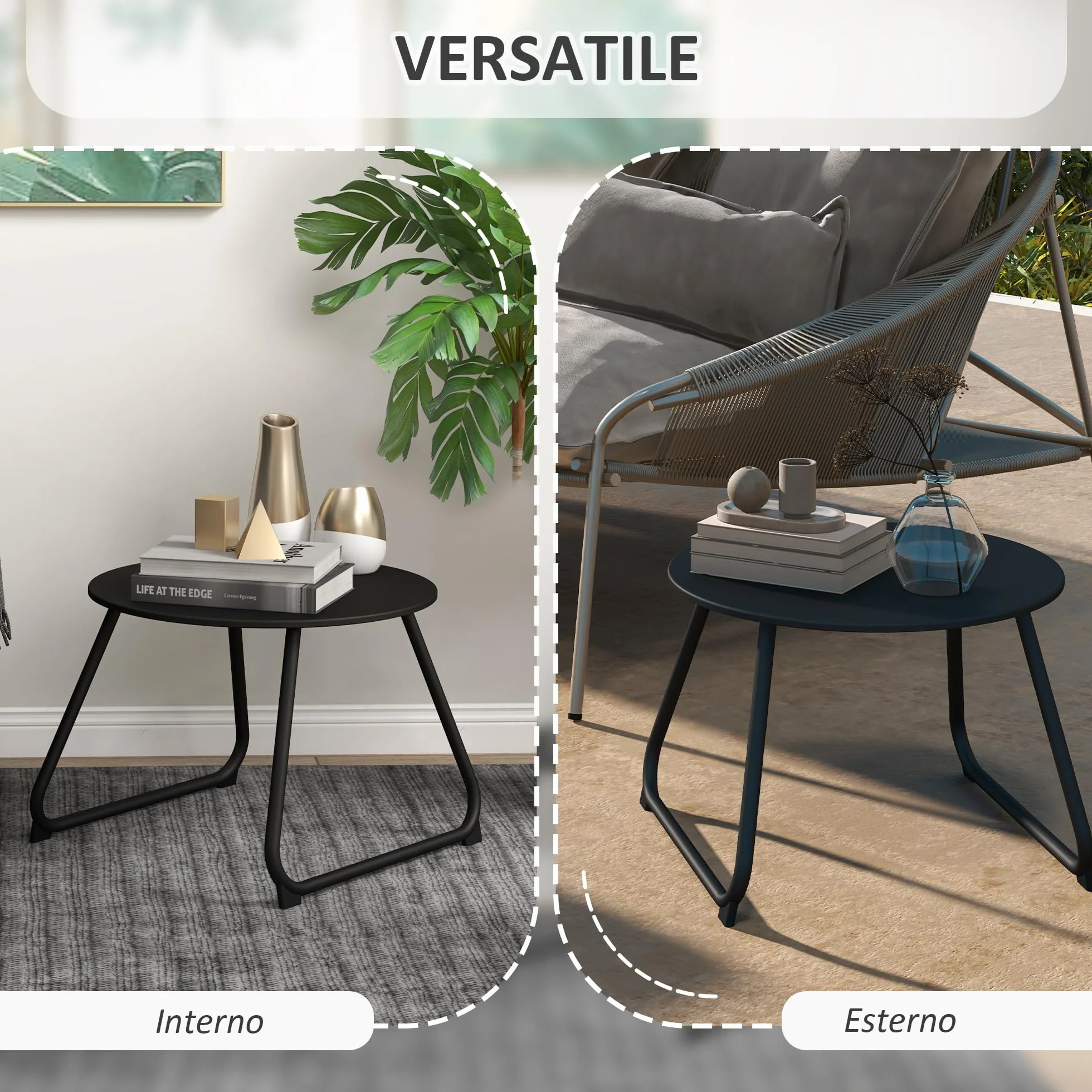 Outsunny Tavolino da Esterni Ø48x37 cm Metallo Nero Piedini Regolabili