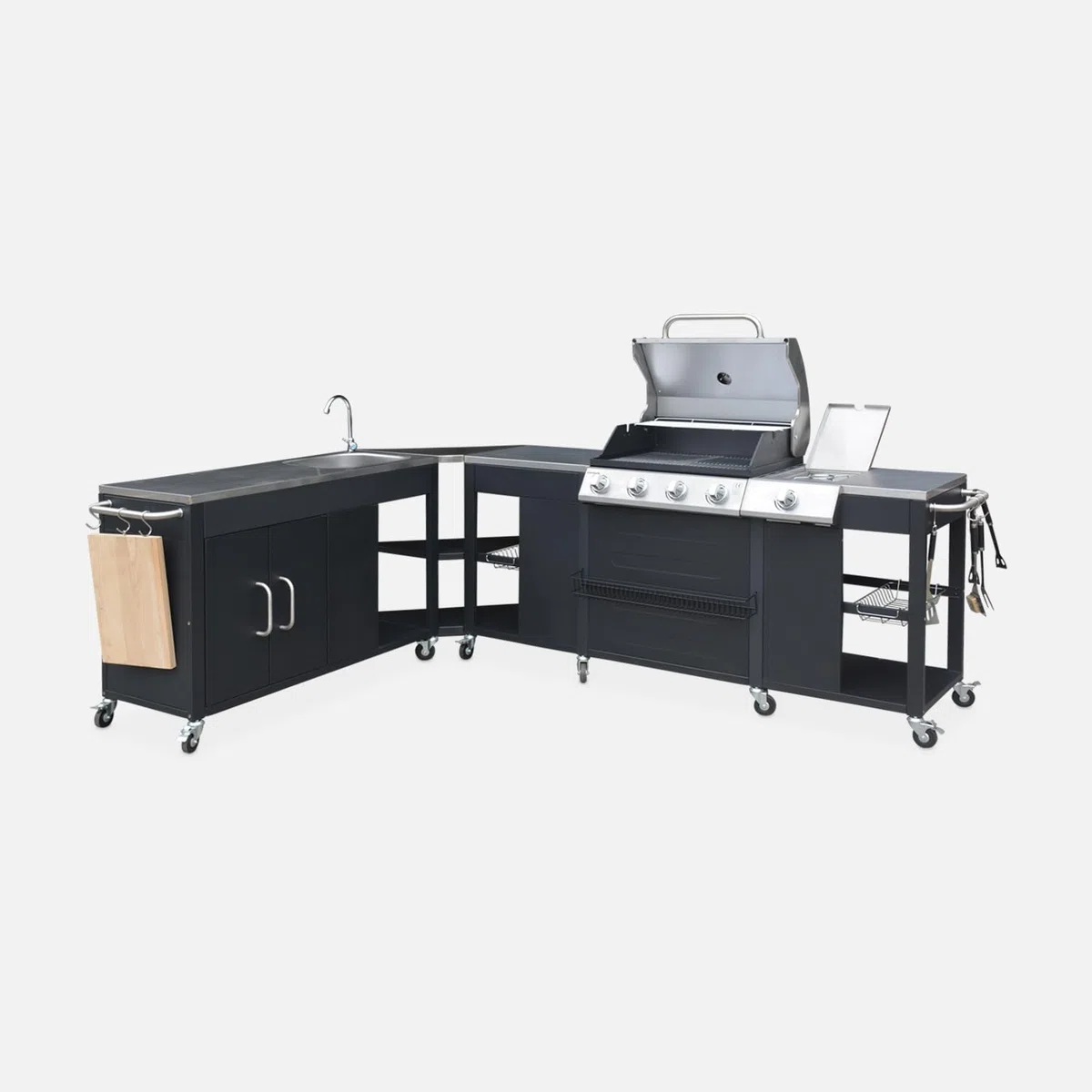 Modulo cucina da esterno con barbecue a 4 bruciatori, fuoco laterale, lavello e porta utensili Nero 247x187x112 cm
