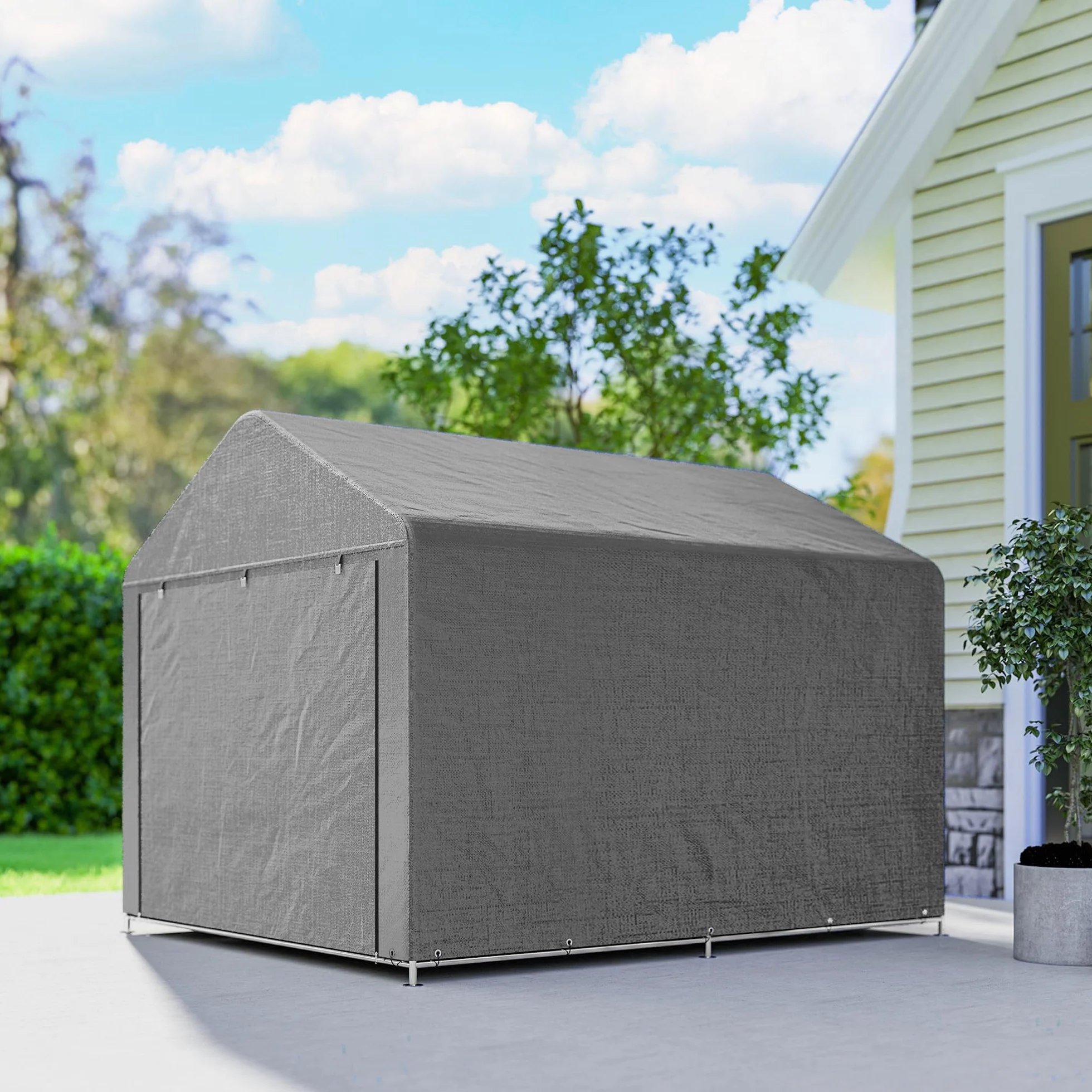 Outsunny 2x2.4 m Garage Moto per Esterno, Tenda Garage con Copertura Impermeabile, Porta Avvolgibile a Cerniera, per Biciclette e Attrezzi in Acciaio Zincato, da Giardino, Grigio Chiaro