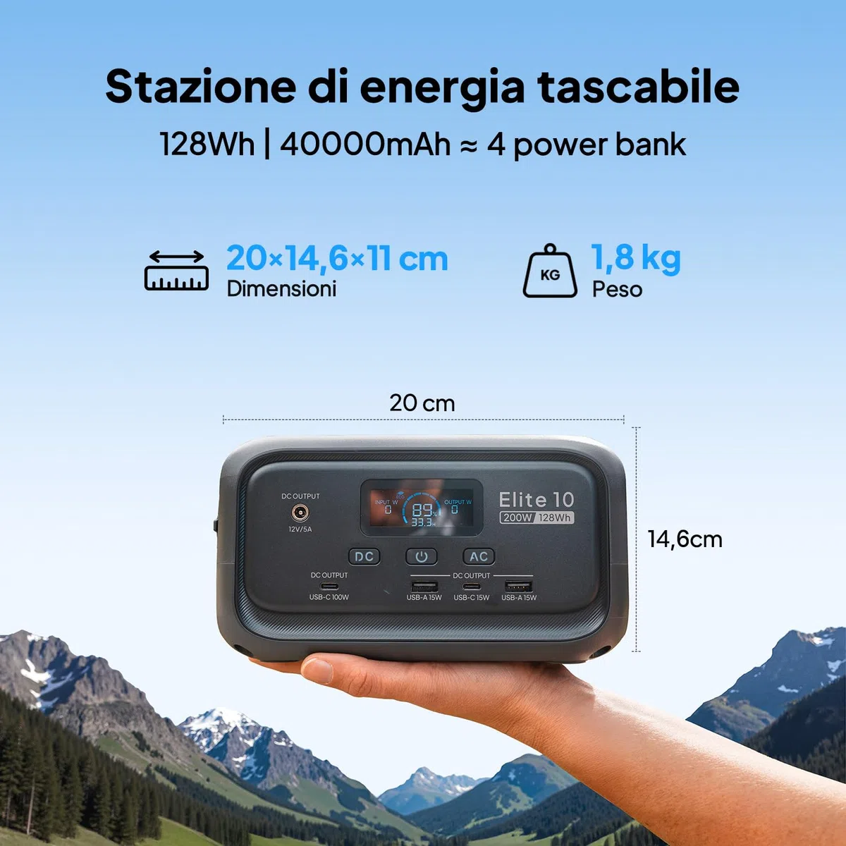 BLUETTI Elite 10 Mini Power Station Portatile, Batteria LiFePO₄ da 128Wh con Presa AC da 200W, Backup UPS da 10ms, Ricarica Rapida – Generatore Solare per Campeggio, Viaggio ed Emergenze