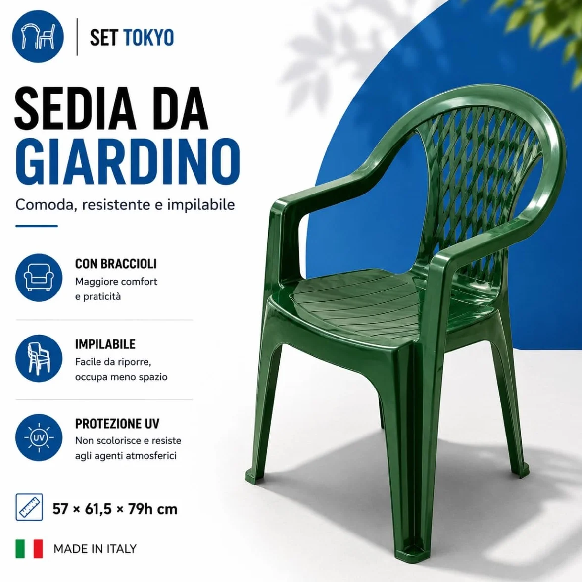 Tomaino Set Tokyo Tavolo da Giardino con 4 Sedie Impilabili con Braccioli Polipropilene Verde
