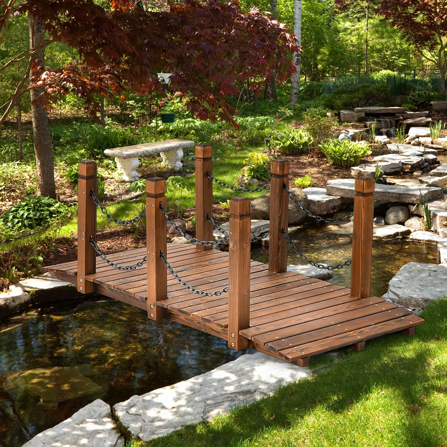 COSTWAY Ponte da Giardino in Legno, Ponte Decorativo con Finitura Tinta e Catena di Sicurezza, Ponte ad Arco in Legno per Giardino, Patio, Cortile e Fattoria, Carico 80 kg