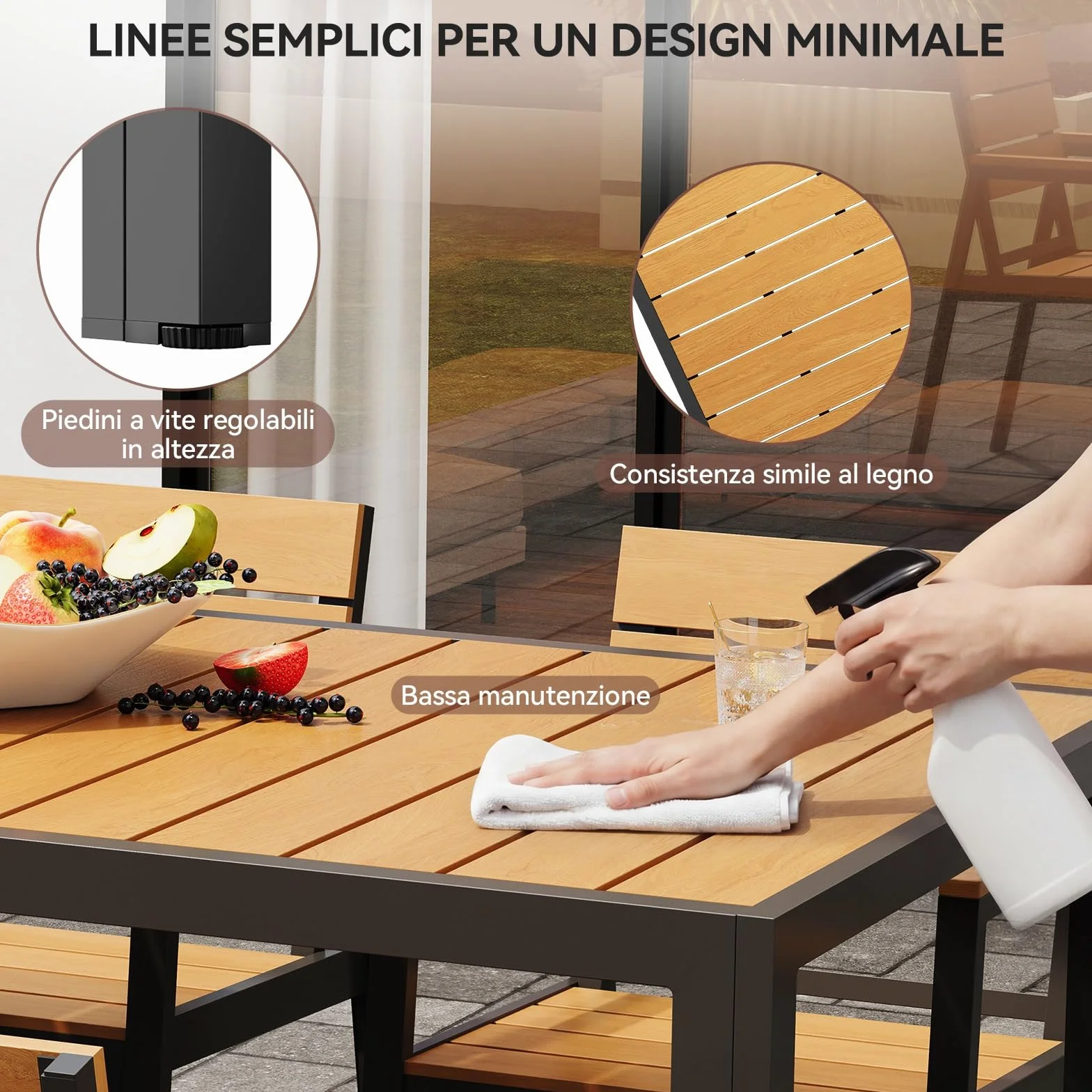 Devoko HDPS Set Tavolo e Sedie da Giardino 9 Pezzi Alluminio Finitura Vena di Legno 189 cm Naturale