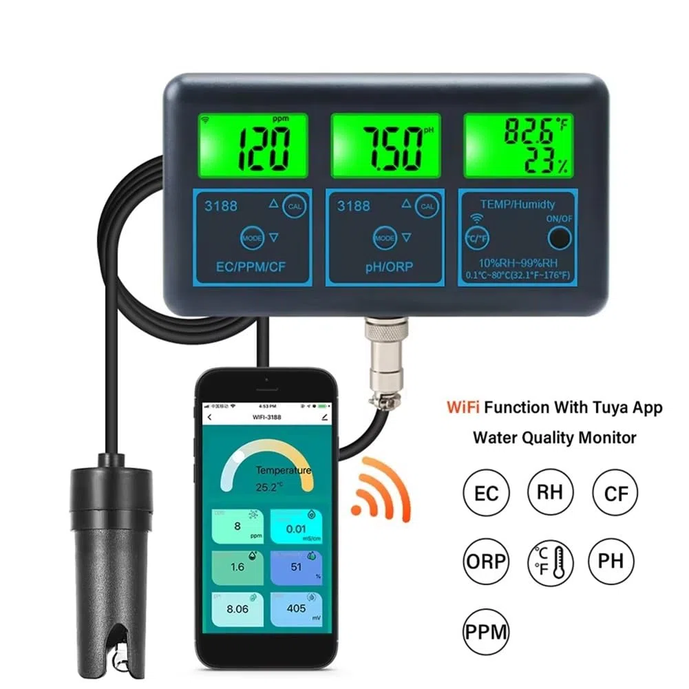 Breeshy Tuya WiFi 7 In1 Tester di Qualità 'Acqua Analizzatore di Acqua Multi-Parametro PH/ORP/EC/PPM//Umidità/Temperatura Monitor Metro Spina EU