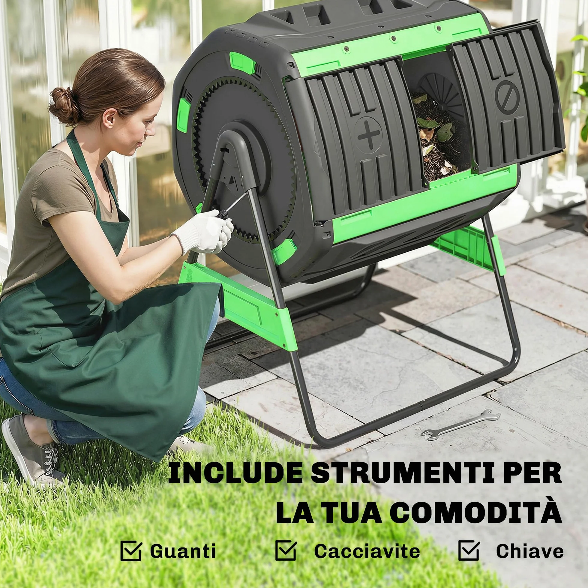 Outsunny Compostiera da Giardino Rotante 200L a Doppia Camera, Girevole 360°, Prese d'Aria, PP Senza BPA