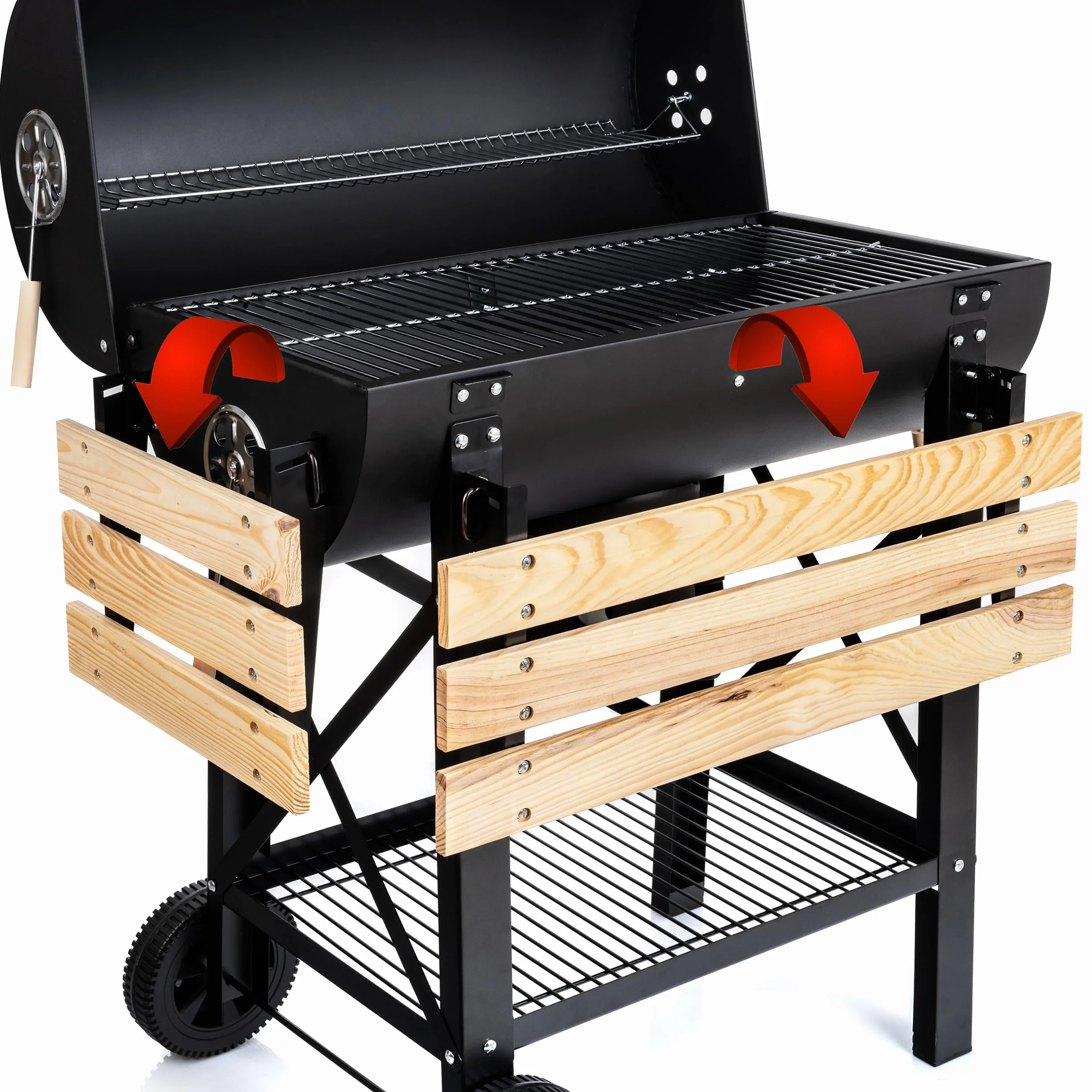 LEHMANN Barbecue a Carbonella con Griglia XL, Carrello Grill con Due Ripiani in Legno