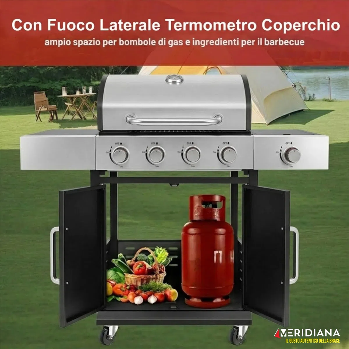 Meridiana Barbecue a Gas Professionale XXL 5 Fuochi 13 KW con Bruciatore Laterale Griglia Acciaio Ghisa