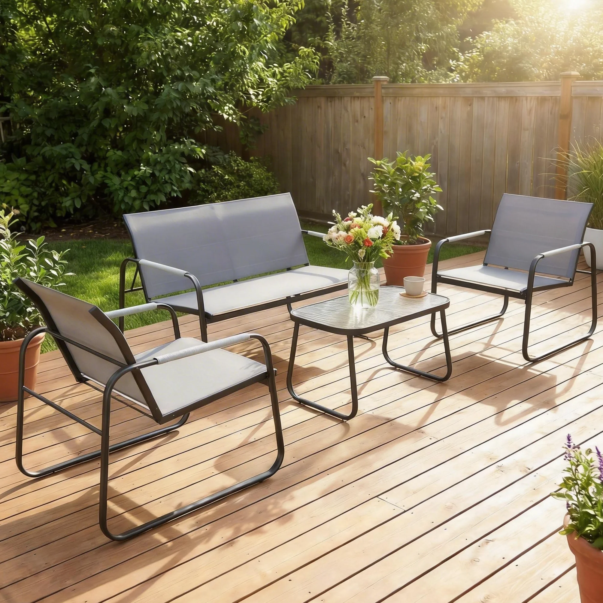 Outsunny Set Salotto da Giardino 4 Pezzi, Mobili da Giardino in Texteline con Tavolo in Vetro Temperato, Acciaio, Grigio