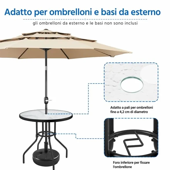 Yaheetech Tavolo da Giardino Rotondo in Vetro Diametro 70 cm con Foro Ombrellone Altezza 73 cm Nero