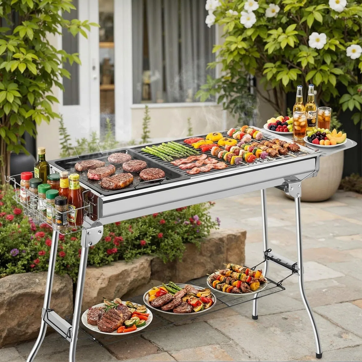 Barbecue a Carbonella XXL, Griglia a Carbone, Griglia Campeggio, Barbecue a Cabone Portatile Pieghevole in Acciaio Inossidabile con Padella Antiaderente, per Giardino Terrazza Picnic Campeggio