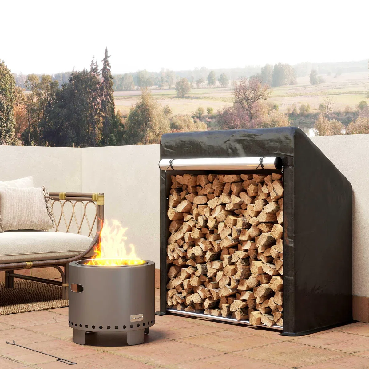Outsunny Legnaia da Esterno in Acciaio Rinforzato, Portalegna Impermeabile 100x60x110 cm Nero Argento