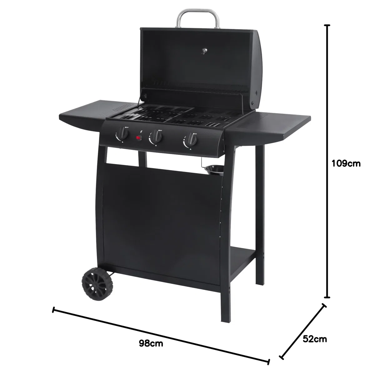 aro Barbecue a Gas 3 Bruciatori Acciaio Nero con Termometro Tavolini Laterali