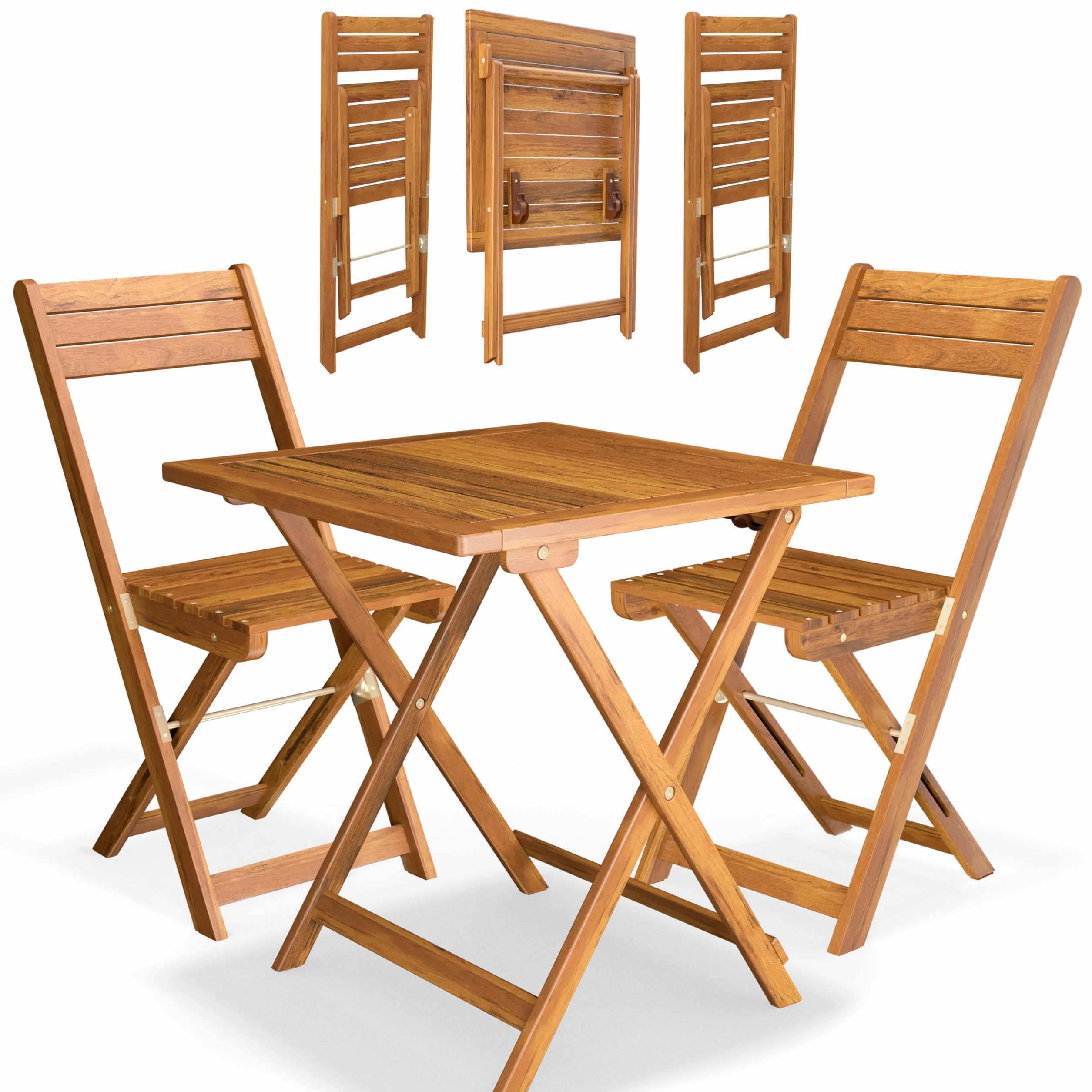 Casaria Set da Balcone Tavolo e 2 Sedie in Legno di Acacia Pieghevole 3 Pezzi