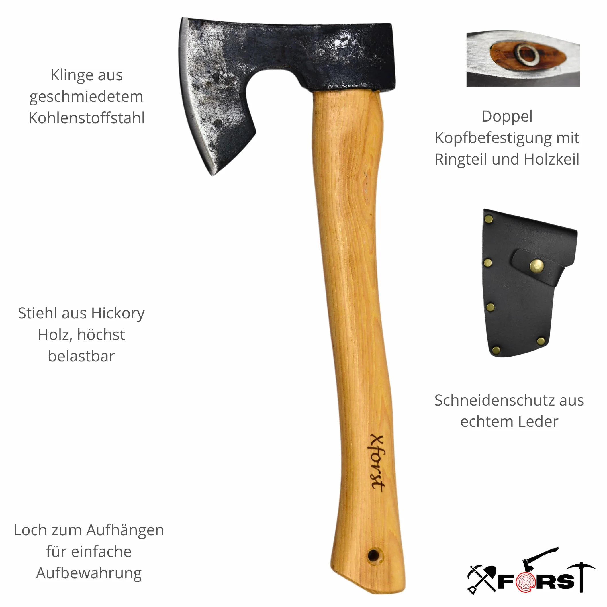 Xforst X-H6 Ascia Accetta vichinga, Ascia da sopravvivenza in acciaio al carbonio forgiato 38 cm 0,75 kg