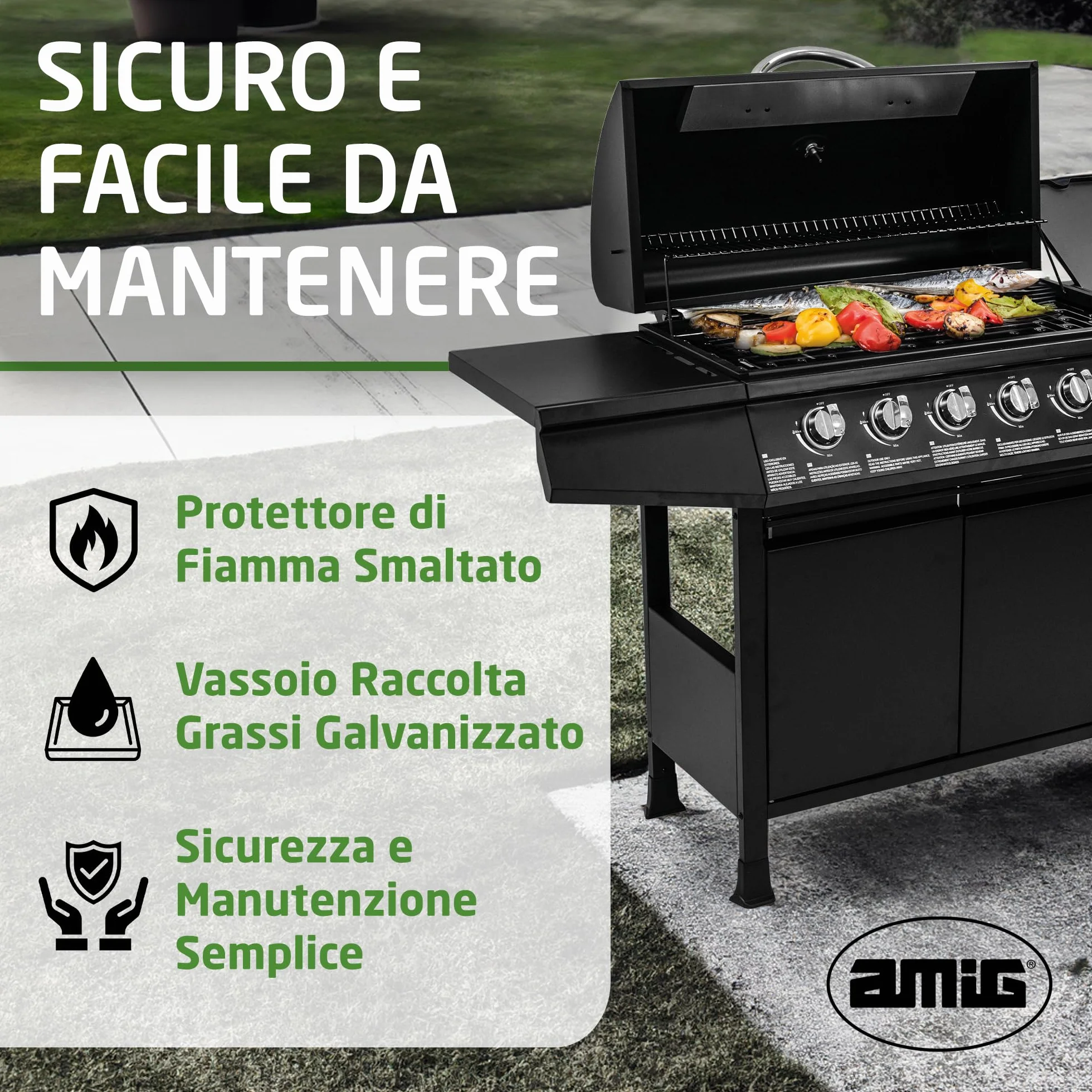 Barbecue a gas Fireplus 6+1 12,9 kW Acciaio inox nero GRILL-6F 7 bruciatori 138x52x103 cm