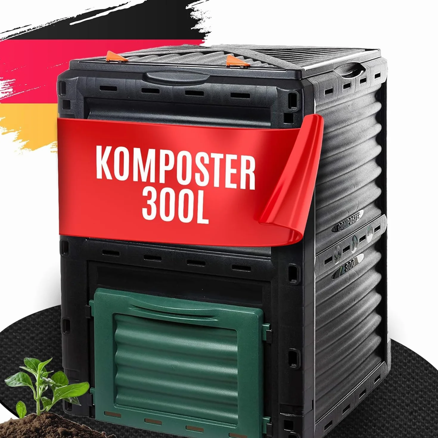 2Friends Compostiera da giardino e cucina, 300 l, plastica stabile, coperchio pieghevole, H83x61x61 cm, compostiera termica, 100% riciclata, EU