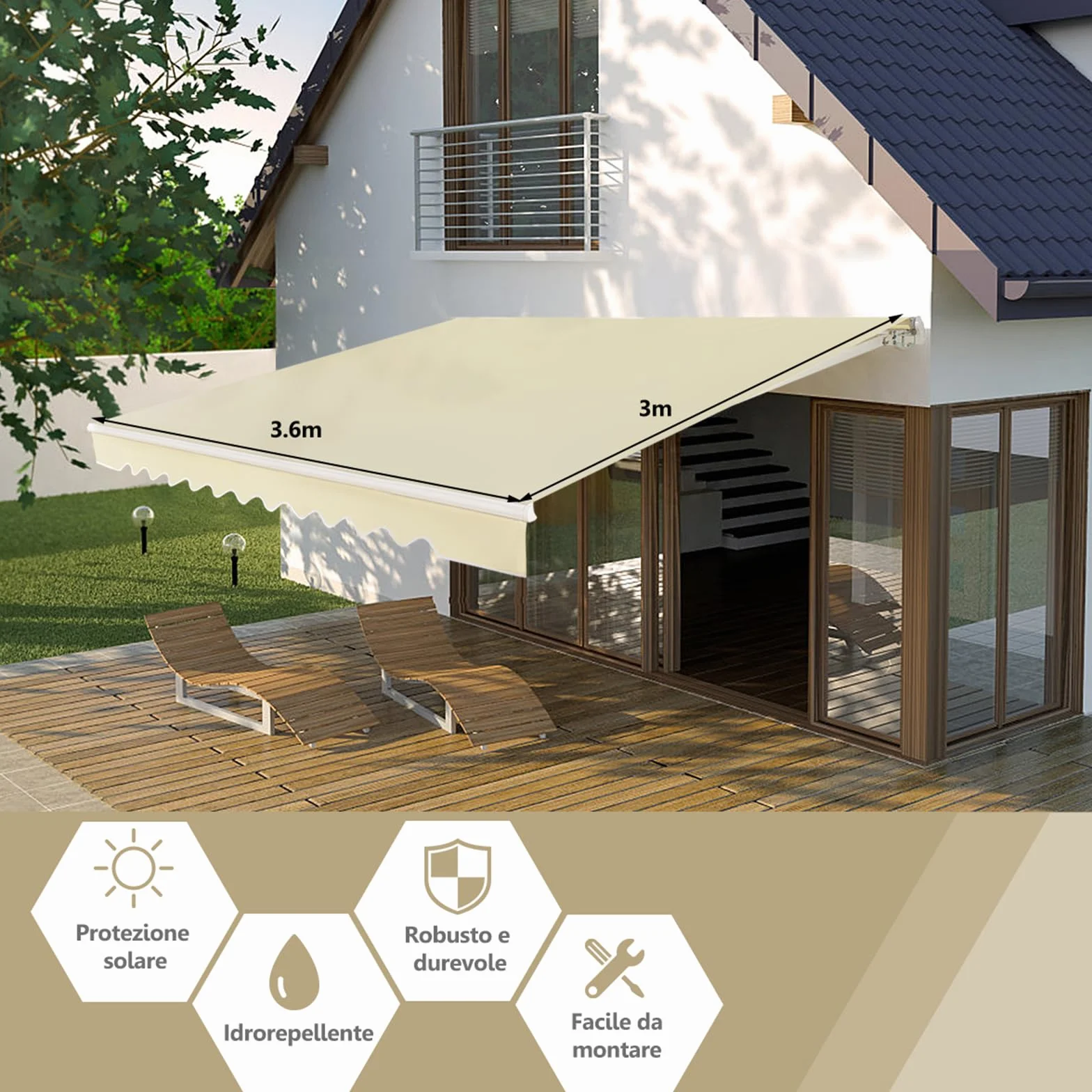 COSTWAY Tenda da Sole per Esterno Avvolgibile 3,6 x 3 M, Bracci Estensibili in Alluminio, Resistente al Sole e Impermeabile, Beige