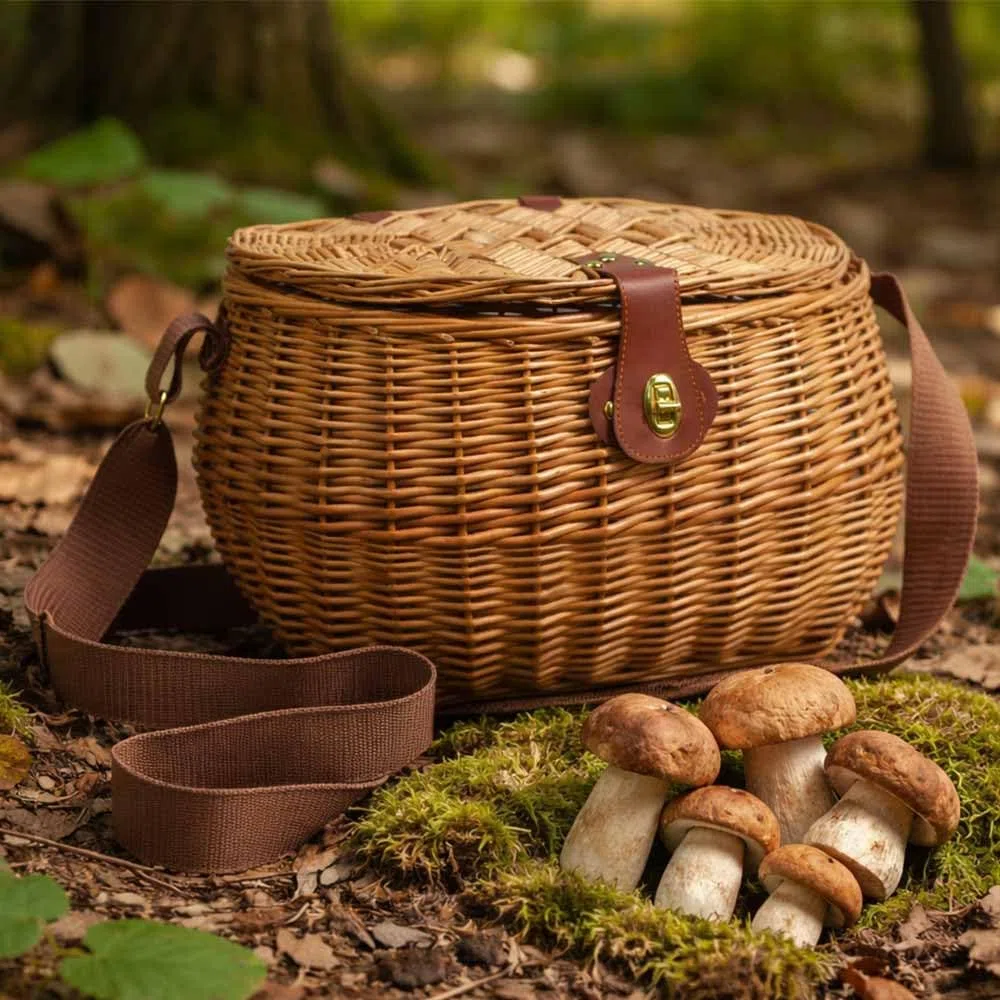 Cesto con tracolla regolabile cestino Peter in Vimini raccolta funghi con Coperchio 34 x 25 x h 23 cm