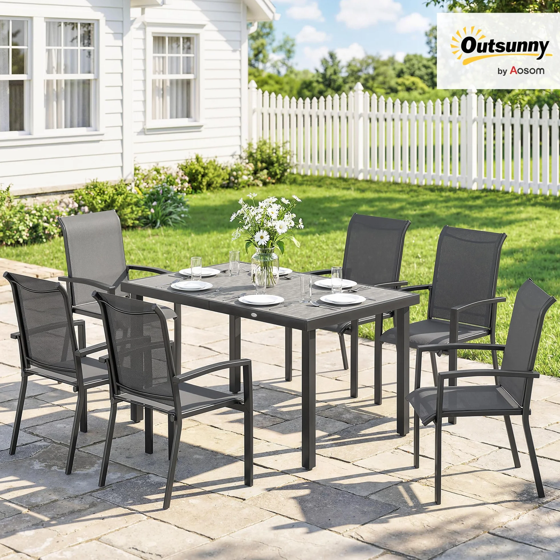 Outsunny Set Tavolo e Sedie da Giardino 7 Pezzi, Mobili da Esterno con Tavolo Rimovibile e 6 Sedie Impilabili in Texteline Grigio
