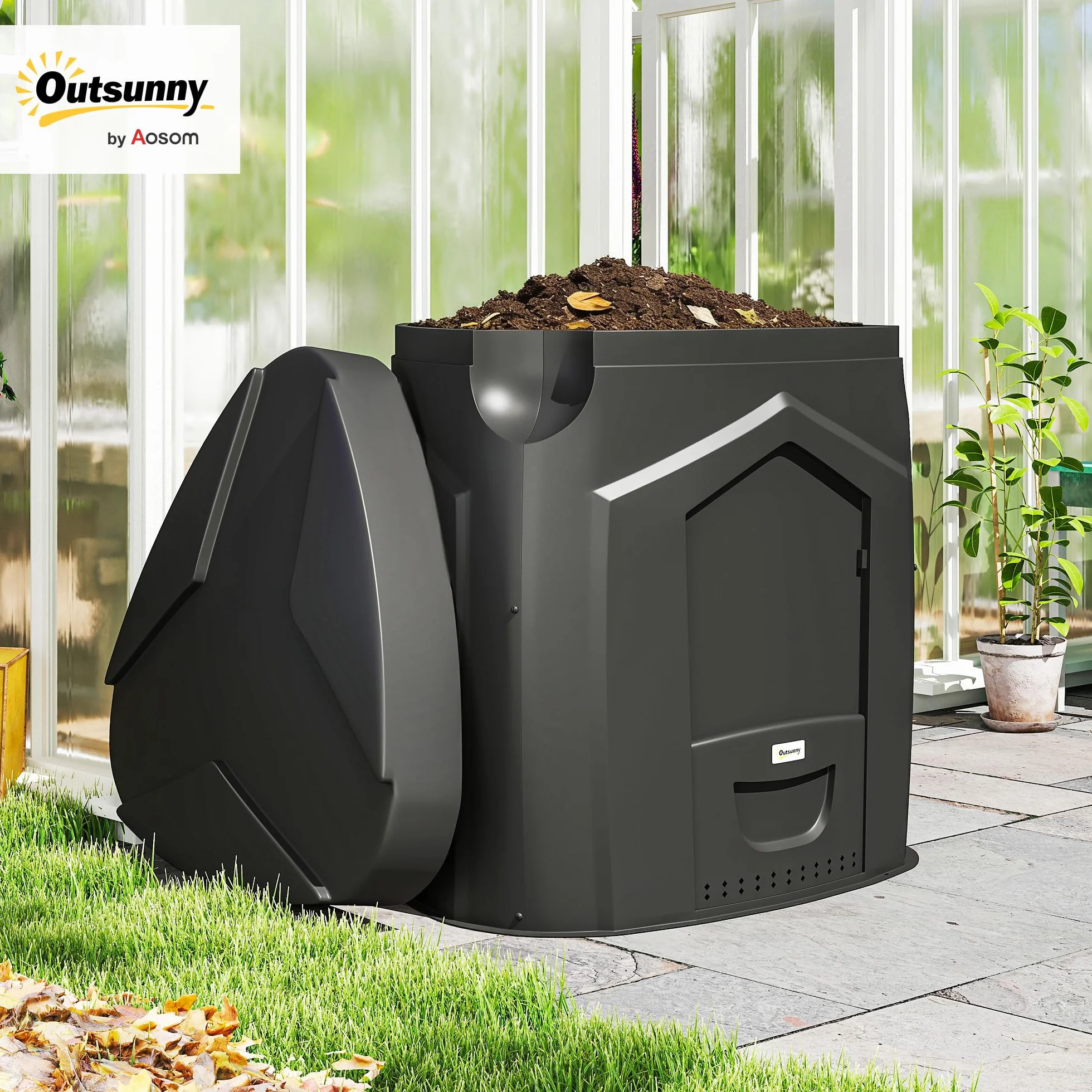 Outsunny Compostiera da Giardino 240L Triangolare Girevole con 66 Prese d'Aria e 3 Porte, 78x75x78 cm, Nero