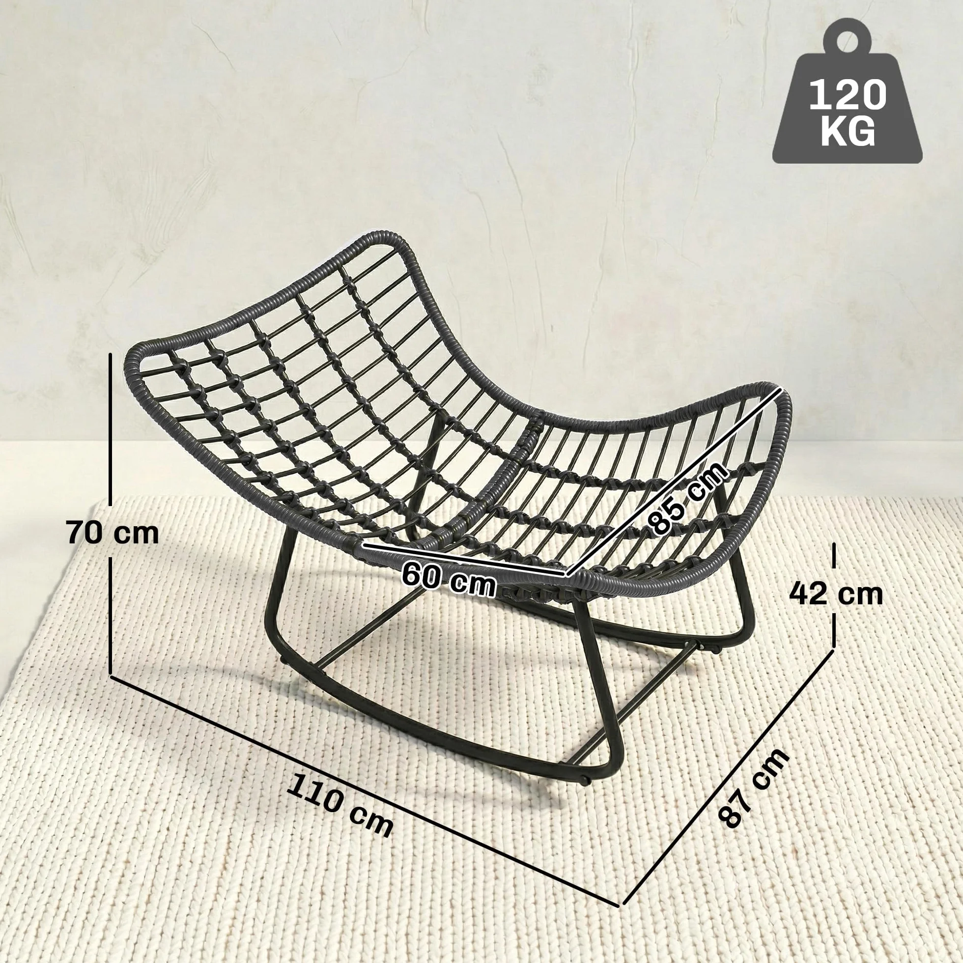 Outsunny Sedia a Dondolo in Rattan Oversize con Cuscino, Struttura Metallo Zincato, Max 120 kg, Grigio Scuro