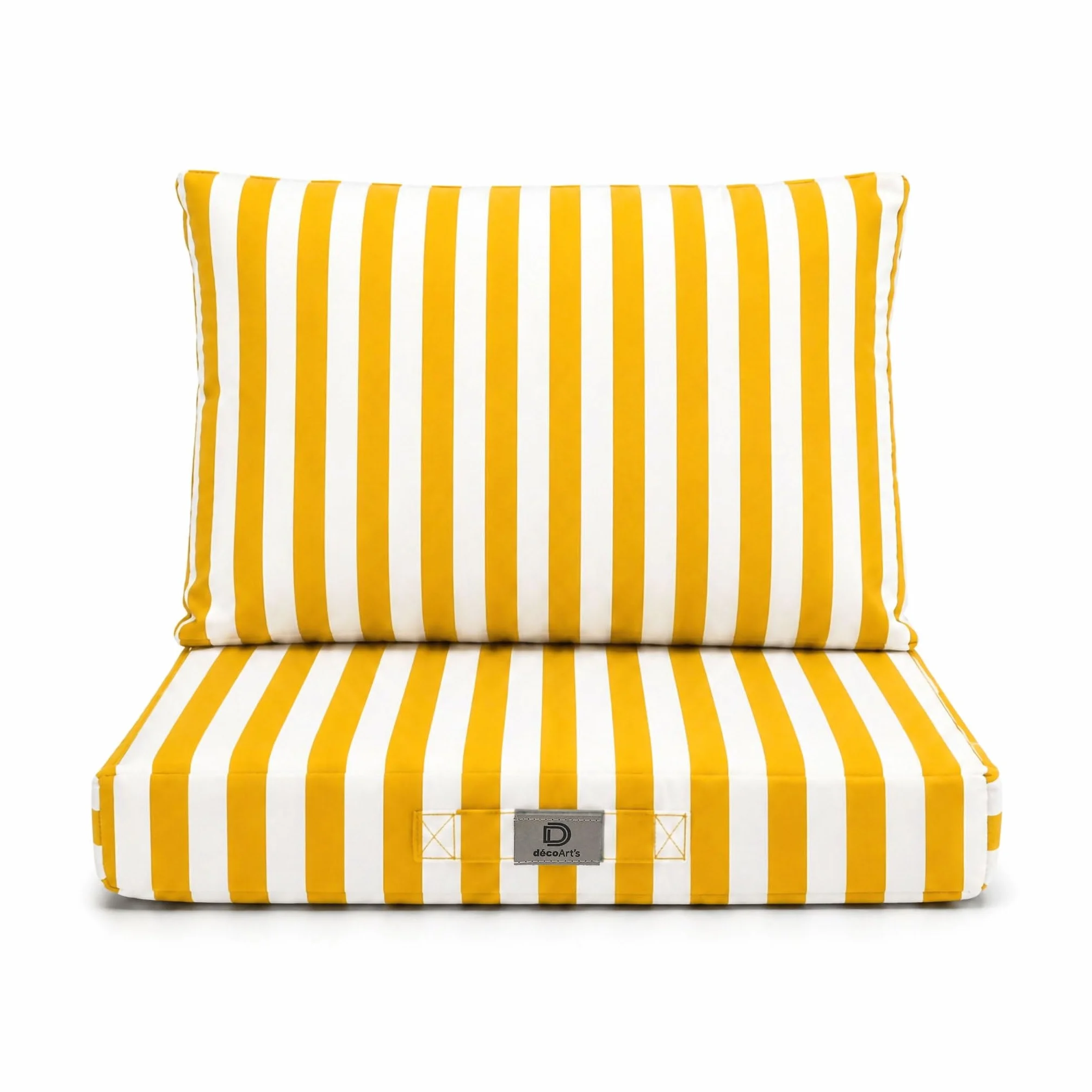 Déco Arts — Set di 2 Cuscini Sfoderabili Salotto Giardino 60x60 — Seduta 60x60 + Schienale 60x35 cm — Impermeabile Anti-UV — Ricambio Mobili Giardino Terrazzo Balcone Veranda — A Righe Gialle