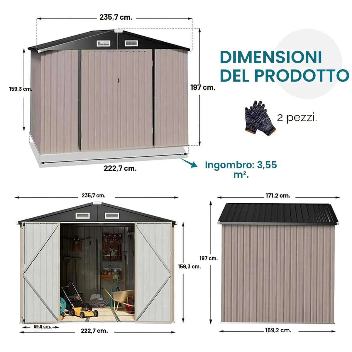 GVDV Casetta da Giardino in Metallo 236 × 171 × 197 cm, Armadio da Esterno Impermeabile con Serratura e Sistema di Ventilazione per Biciclette, Utensili e Tosaerba – per Giardino, Terrazza e Cortile