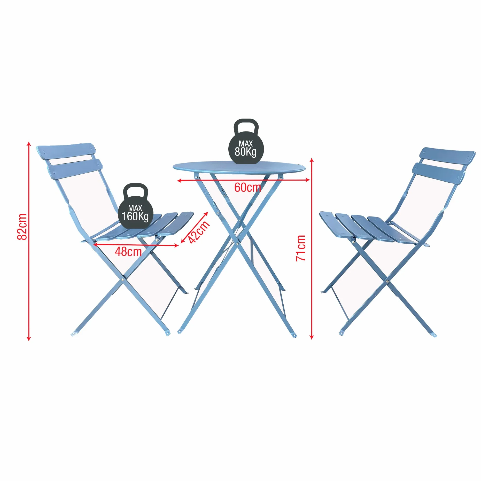 Rebecca Mobili Set Bistro Tavolino con 2 Sedie da Balcone Azzurro Acciaio Antiruggine 71x60x60 cm