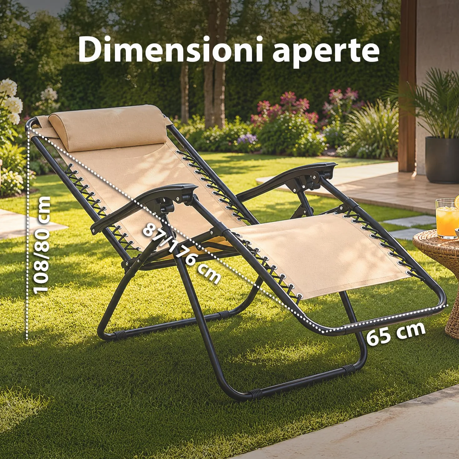 Avilia - Sedia da Giardino Pieghevole con Vassoio Laterale Portabevande – Ferro, Seduta Teslin, 120 kg | Sedia Giardino Pieghevole Reclinabile, L65×P87/176×A108/80 cm, Facile da Pulire