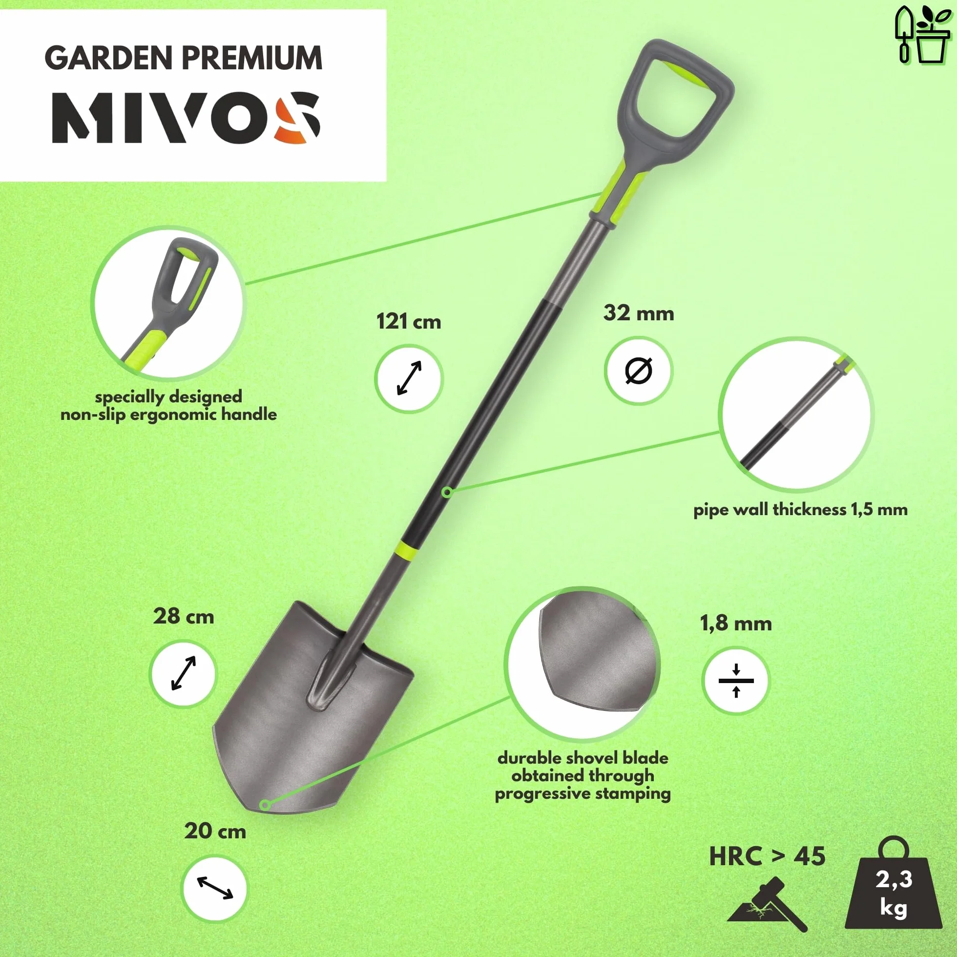 Mivos Vanga a Punta Professionale per Giardino – Pala con Lama Appuntita in Acciaio al Boro Temprato - 121 cm - Vanga da Scavo per Lavori di Giardinaggio e Costruzione – Made in EU