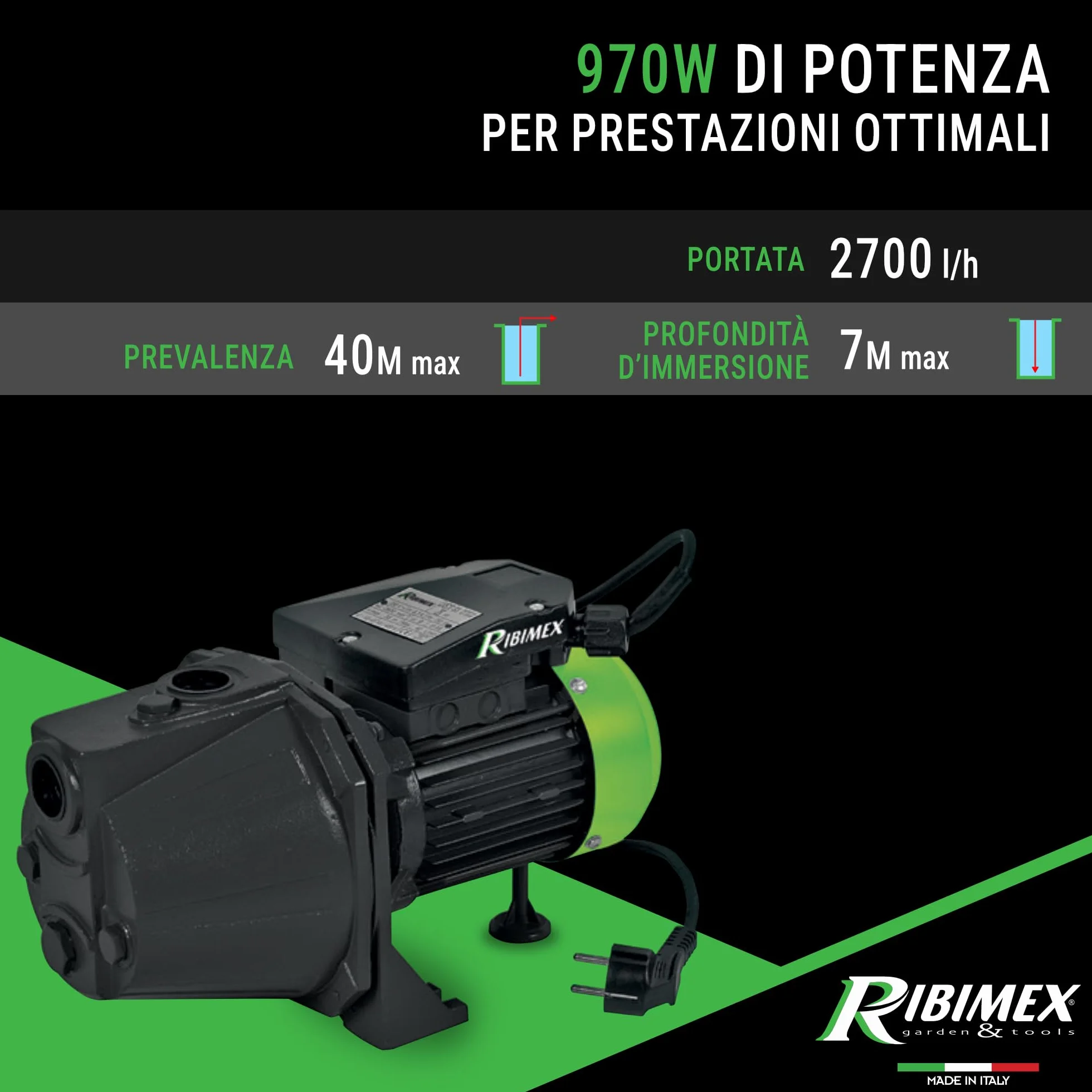 Ribimex Pompa di Superficie Autoadescante JET 101 970W 2700 L/h 4 Bar 40 m Alluminio