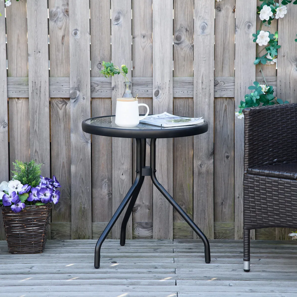 Outsunny Tavolino da Giardino Rotondo in Vetro Φ50x55cm Nero