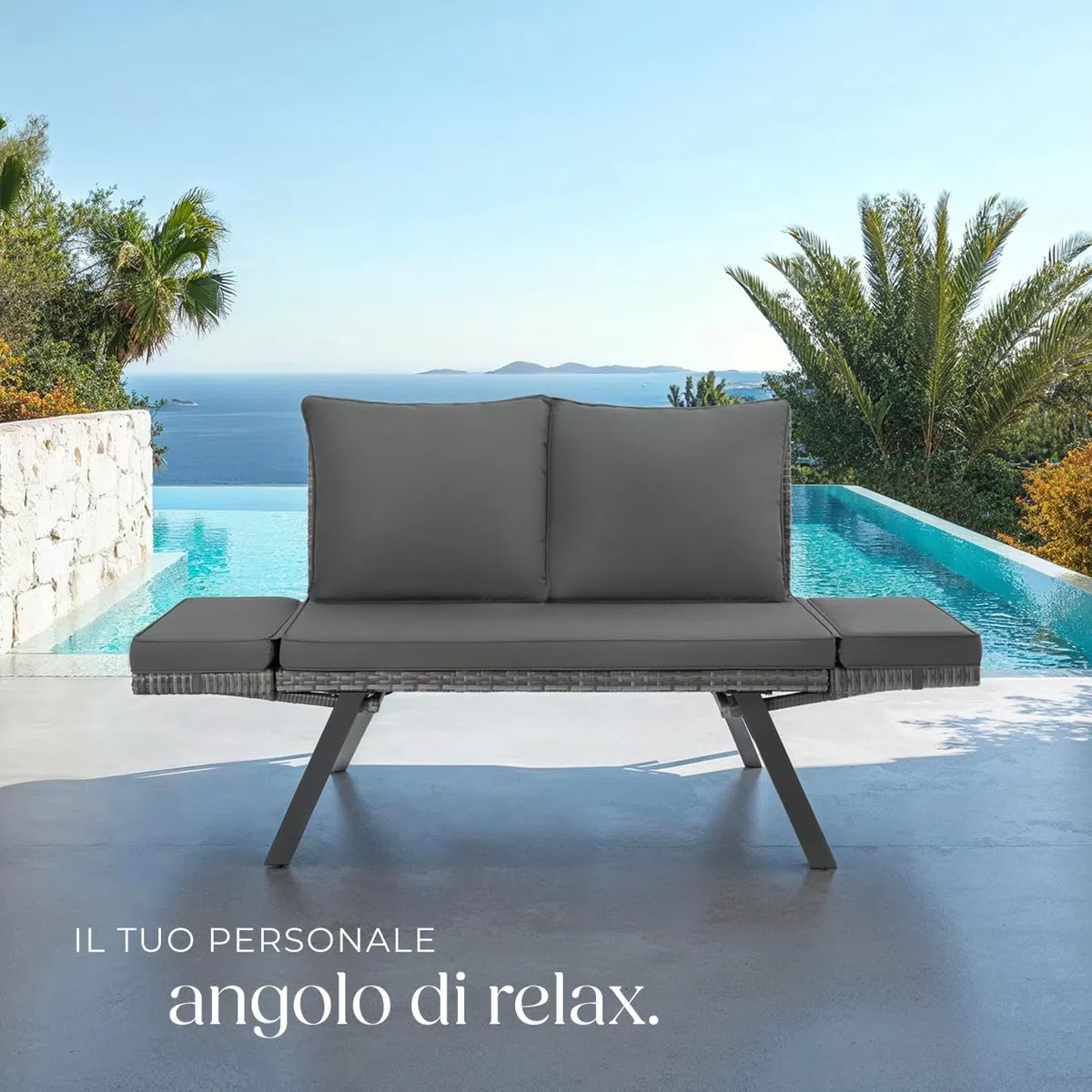 tectake® Divano Lounge in Rattan, 2 in 1, Braccioli Pieghevoli, Cuscini Morbidi, Imbottitura Spessa, Sofà in Polyrattan Resistente, Fodere Idrorepellenti, Arredamento Esterno e Interno - Grigio