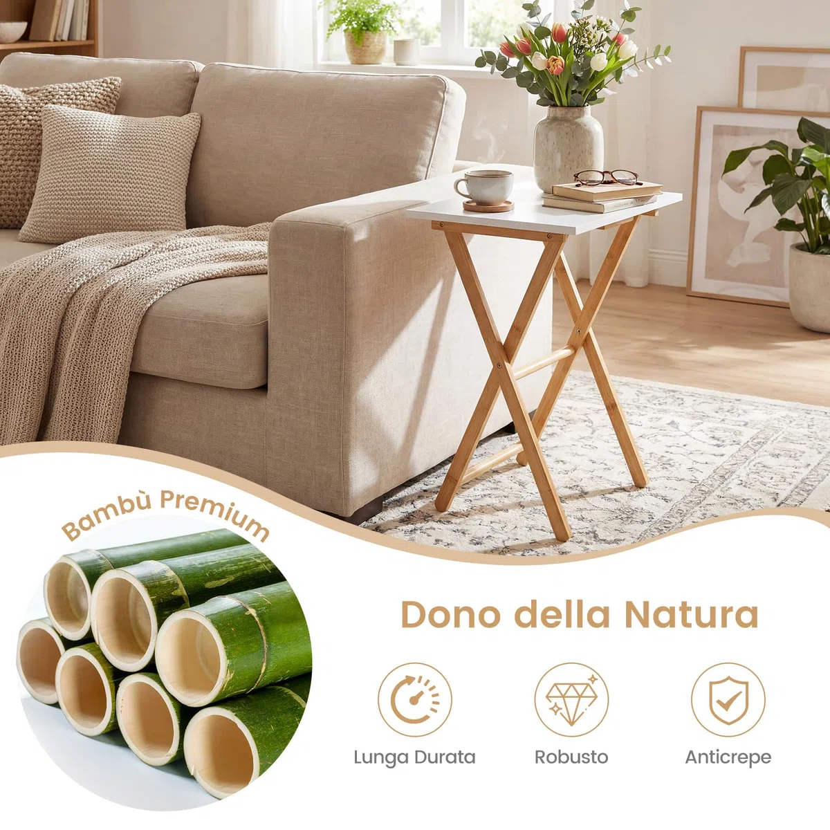 COSTWAY Set di 2 Tavolini Pieghevoli Laterale, Tavolino Portatile da Salotto Salvaspazio, Tavolo Laterale in Bambù, per Soggiorno Patio Terazza, Portata 20 kg, Senza Montare