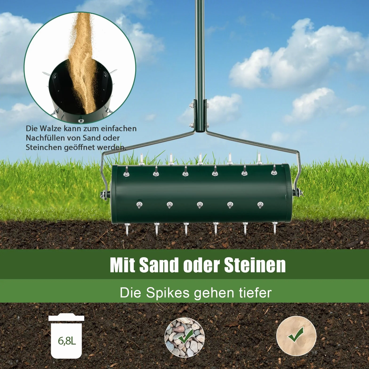 SOARS Arieggiatore per Prato a Rullo 44/53 cm, Aeratore Rullo da Giardino Manuale con Chiodi da 3,5 cm, in Metallo Antiruggine con Manico, Ideale per Prato, Orto e Terreno (53 x 130 cm, Verde)