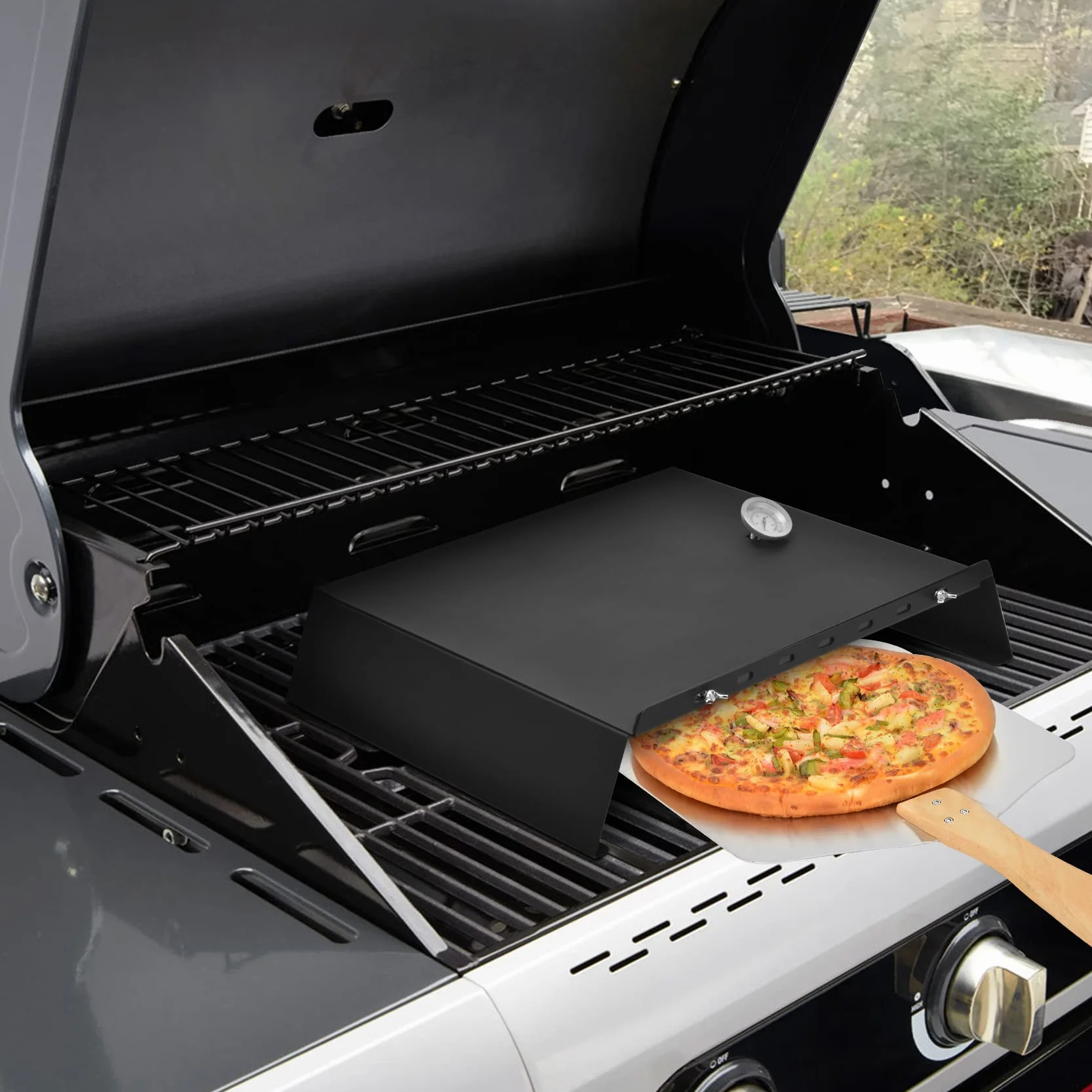 Onlyfire Inserto per Pizza Regolabile per Barbecue a Gas con Termometro 53-78 cm