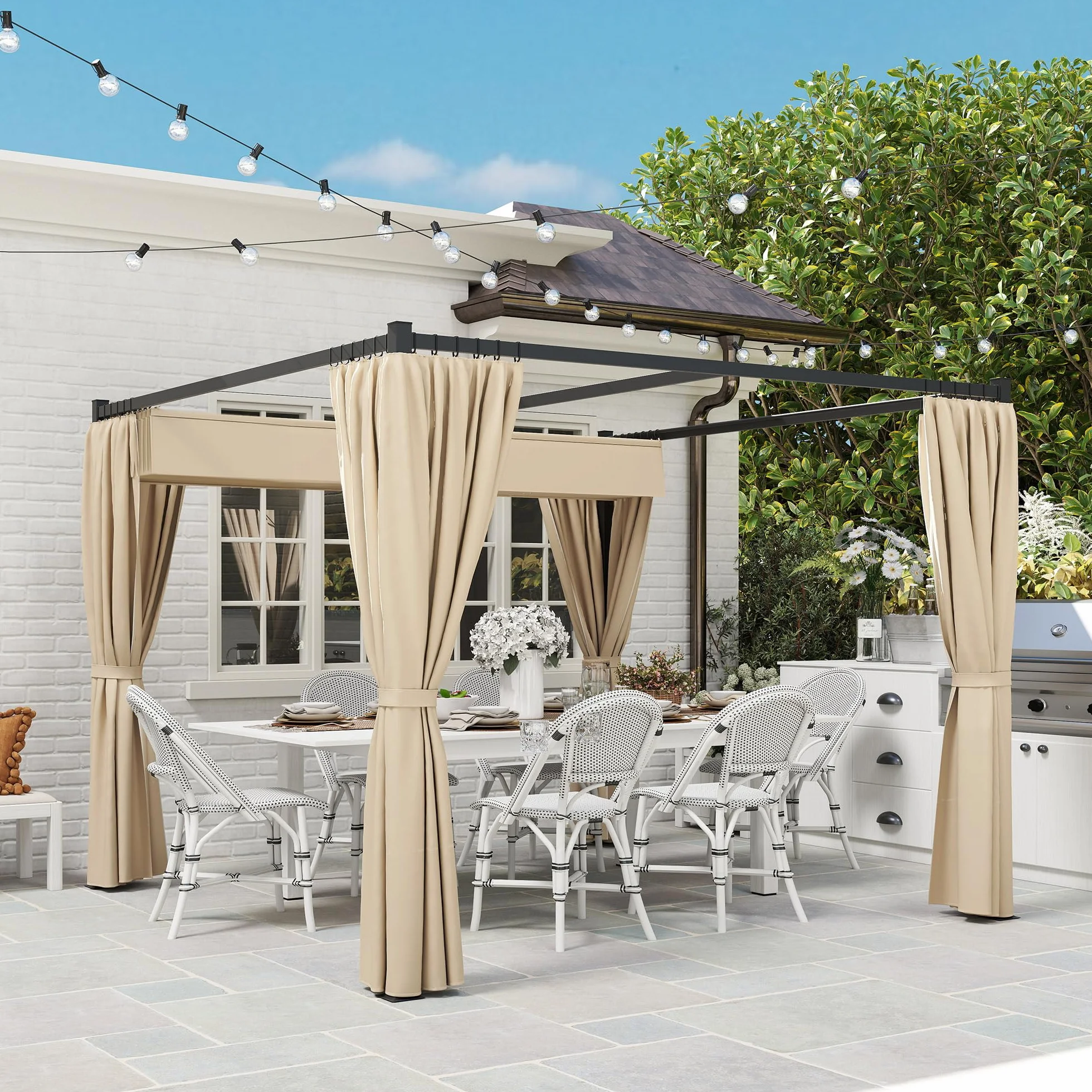 Outsunny Gazebo Pergola 3x3 m con Pareti Laterali e Tetto Retrattile, Metallo e Poliestere 180g/㎡, Beige